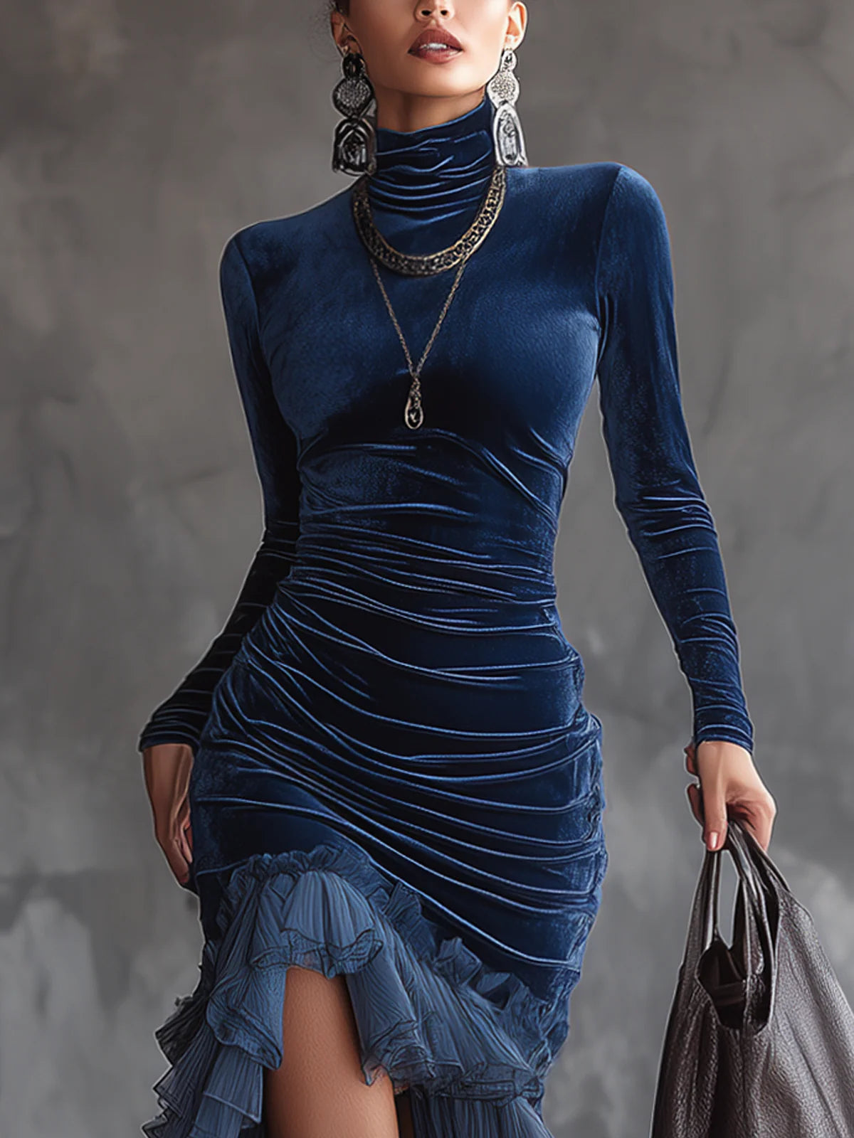 Women's navy velvet dress with mock neckline, long sleeves and layered ruffled maxi hem