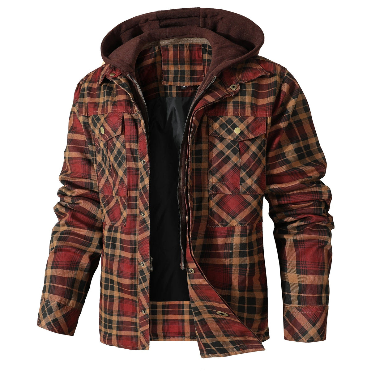 Men's checked hooded jacket with long sleeves, front zip and flap pockets
