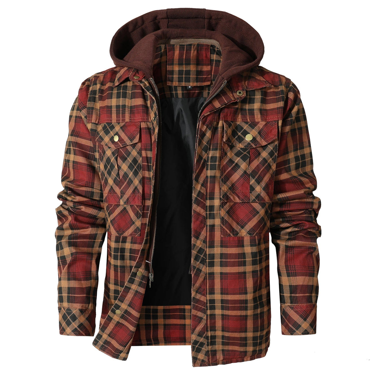 Men's checked hooded jacket with long sleeves, front zip and flap pockets