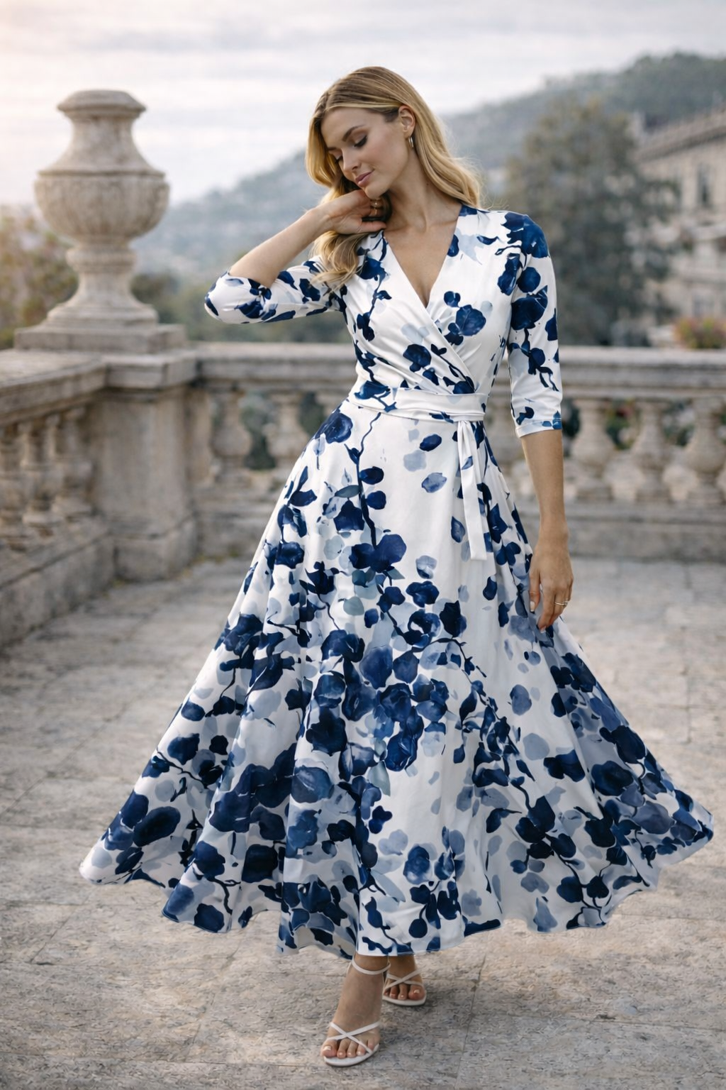 Women’s Floral Wrap Midi Dress | Blue Porcelain