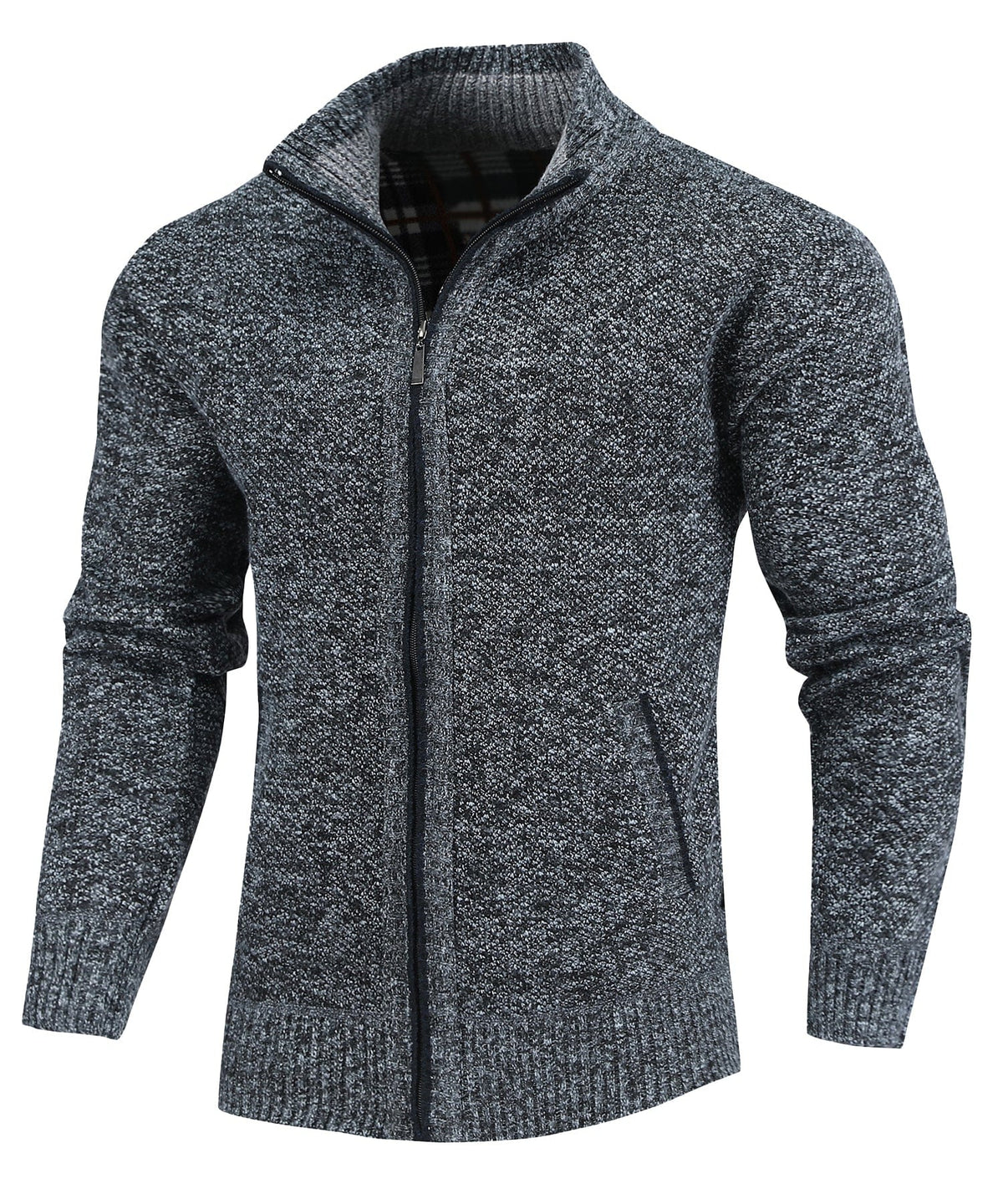 Men's textured knitted sweater jacket with mock neck, front zip and welt pockets