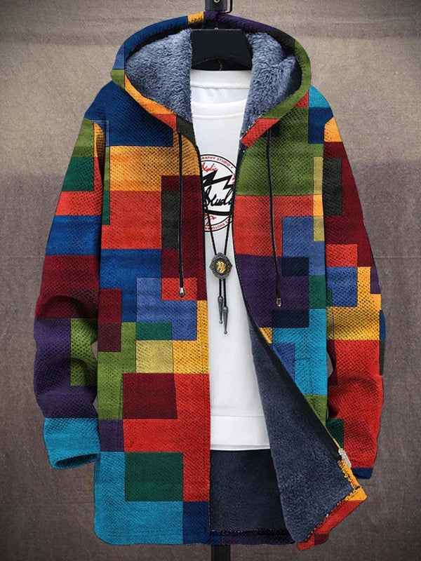 Women's hooded zip jacket with colourful abstract printed design and long sleeves