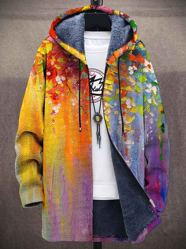 Women's hooded zip jacket with colourful abstract printed design and long sleeves