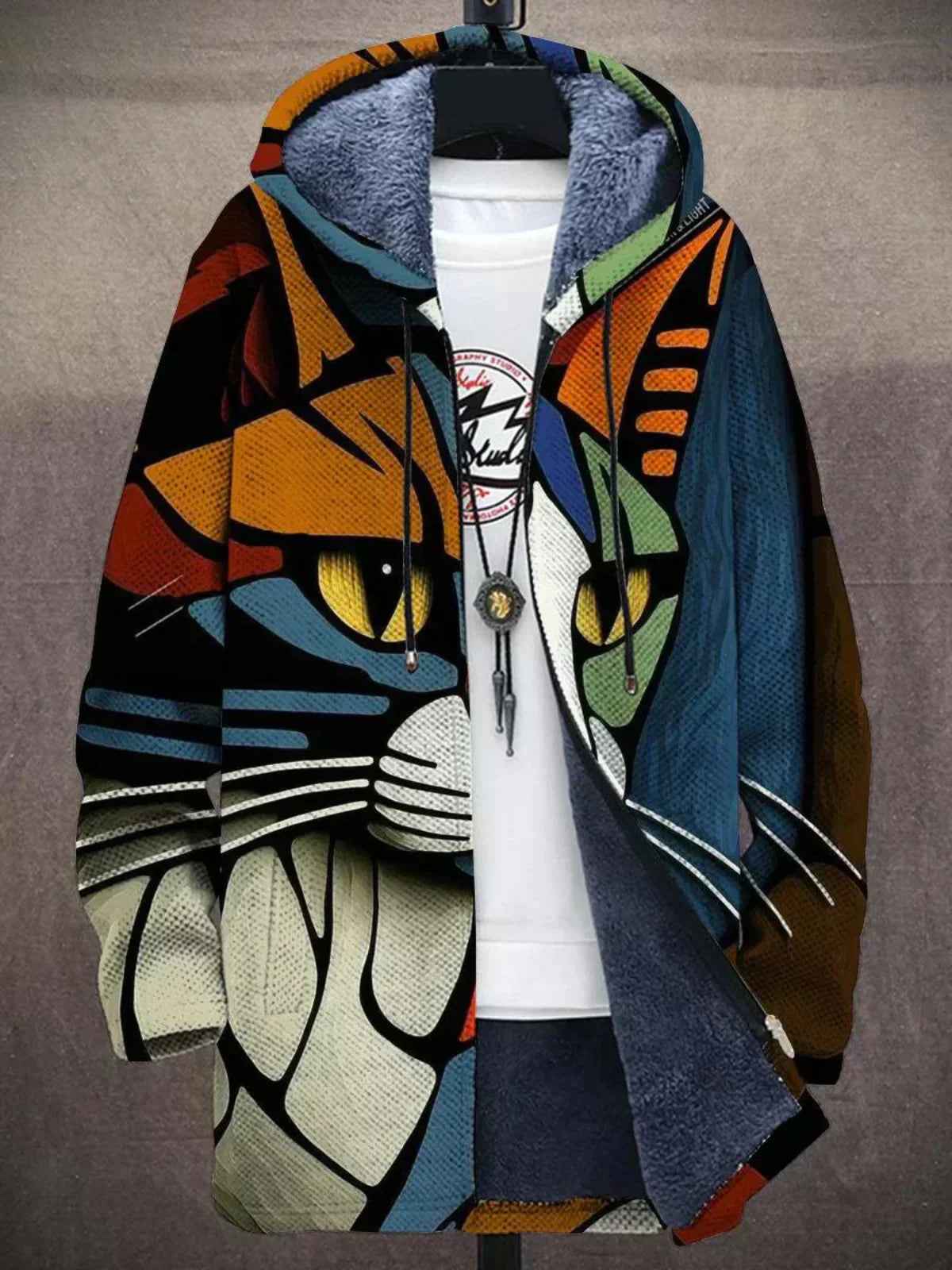 Women's hooded zip jacket with colourful abstract printed design and long sleeves
