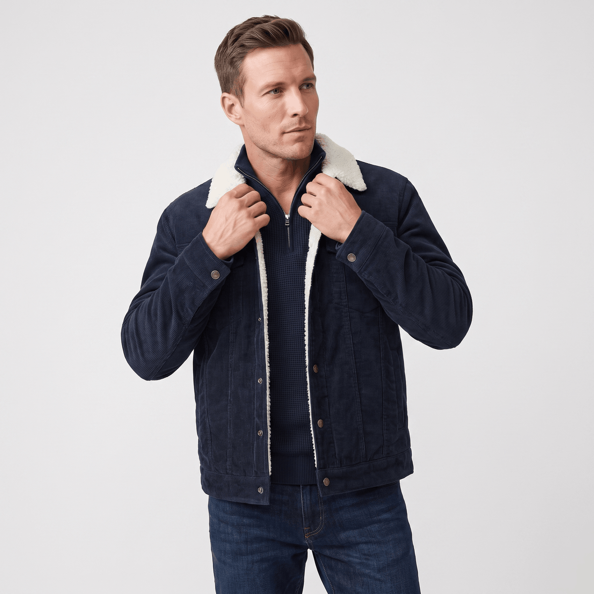 Men's corduroy jacket with sherpa collar, button front and chest pockets