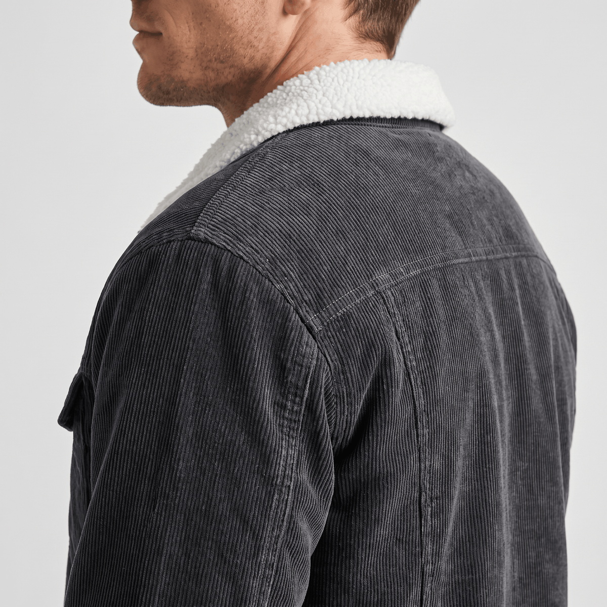 Men's corduroy jacket with sherpa collar, button front and chest pockets