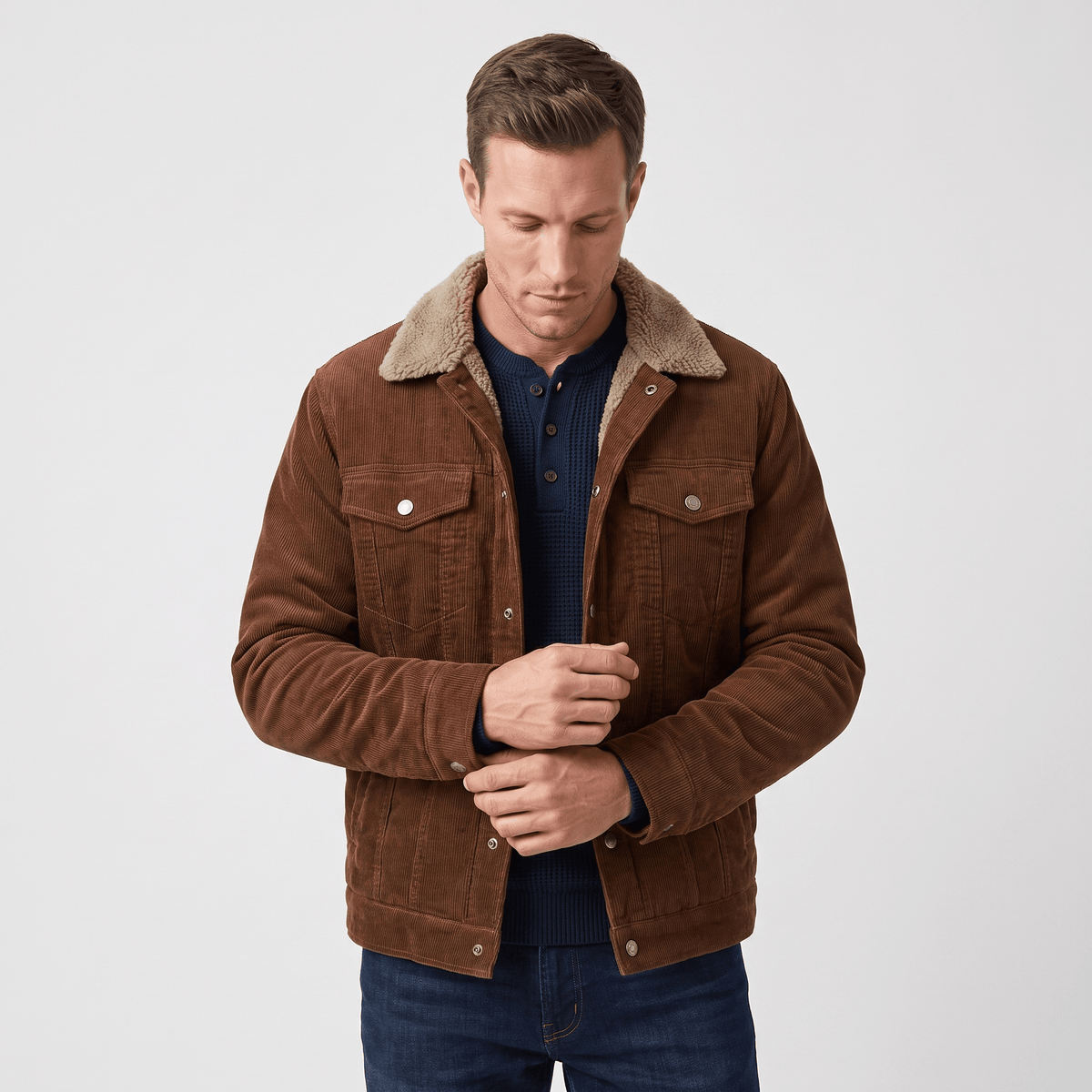 Men's corduroy jacket with sherpa collar, button front and chest pockets