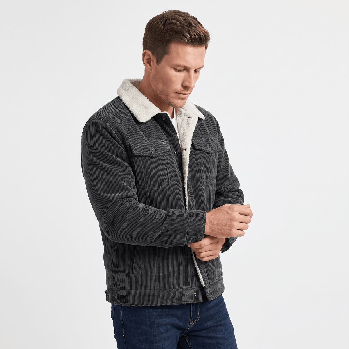 Men's corduroy jacket with sherpa collar, button front and chest pockets