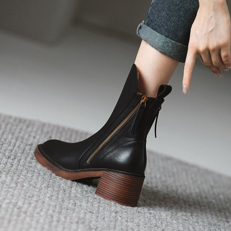 Women's ankle boots with side zips, almond toes and mid block heels