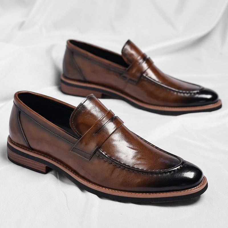 Men's penny loafers with apron toe and low heel