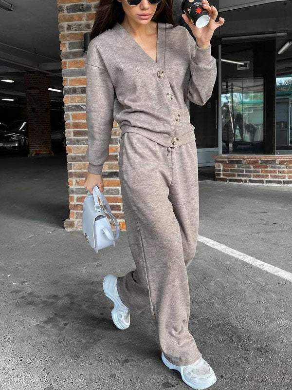 Women's knitted button-front cardigan and matching drawstring trousers set