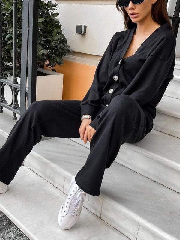 Women's knitted button-front cardigan and matching drawstring trousers set