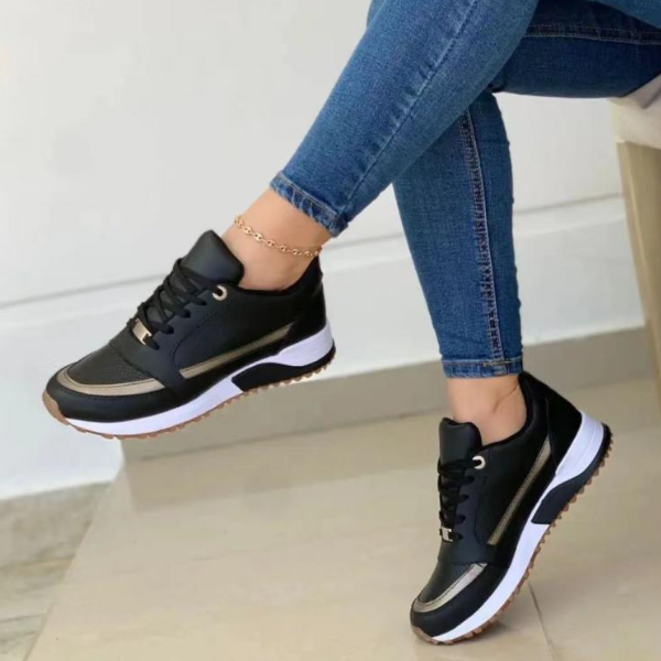 Women's Trainers Lace-Up Platform Gold Trim - Black