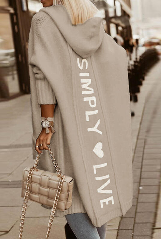 Women's Cardigan Hooded Long Knit Open Front - Beige