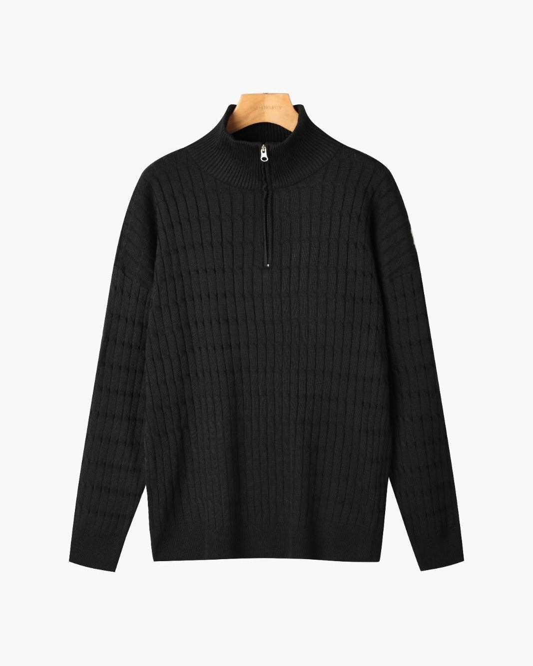 Unisex ribbed half-zip sweater with mock neck and long sleeves