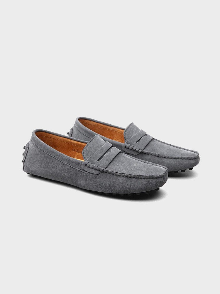 Men's suede boat loafers with moc toe and vamp strap
