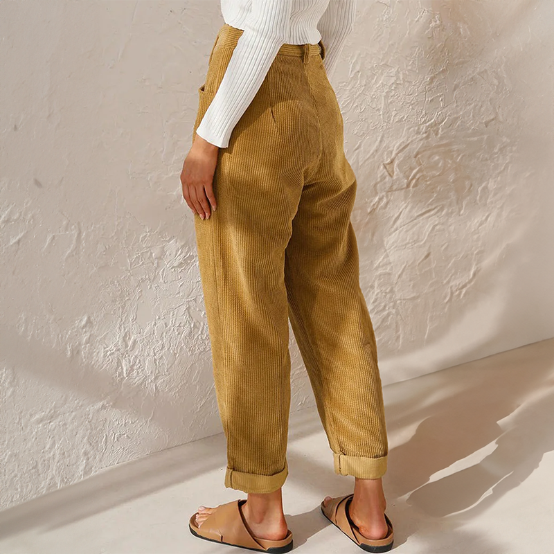 Women's high-rise wide-leg corduroy trousers with belt loops, pockets and cuffed hems