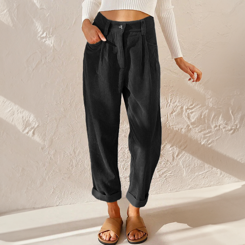 Women's high-rise wide-leg corduroy trousers with belt loops, pockets and cuffed hems