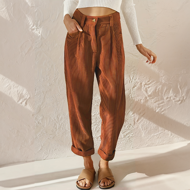Women's high-rise wide-leg corduroy trousers with belt loops, pockets and cuffed hems