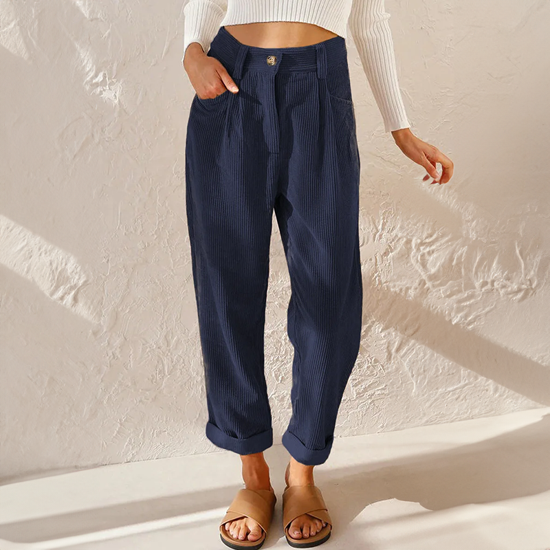 Women's high-rise wide-leg corduroy trousers with belt loops, pockets and cuffed hems