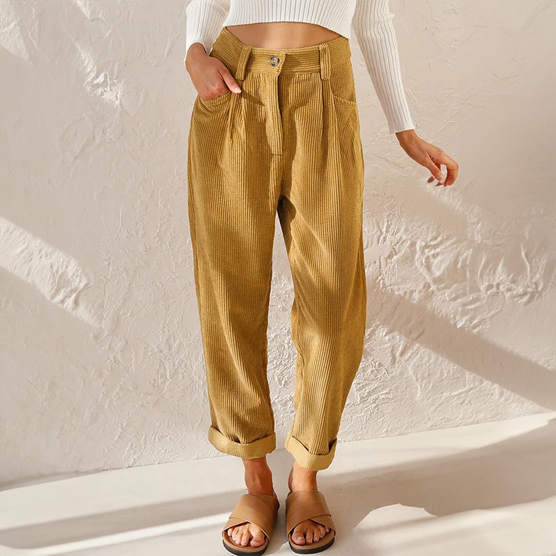 Women's high-rise wide-leg corduroy trousers with belt loops, pockets and cuffed hems