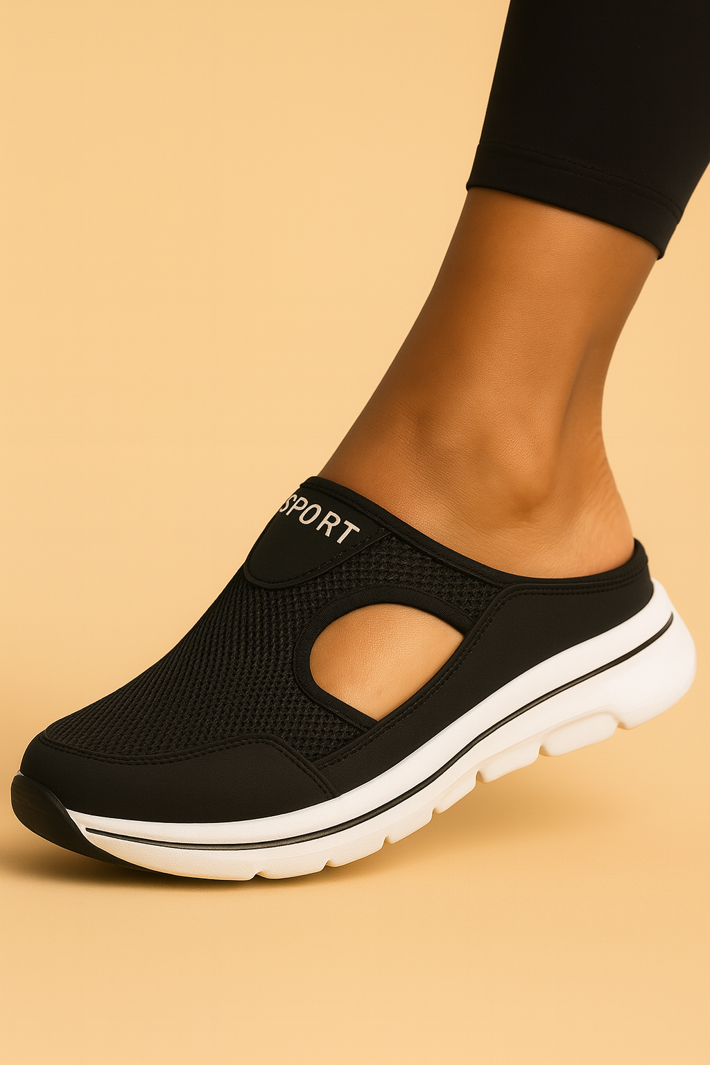 Women's slip-on athletic shoe with mesh panels and layered sole
