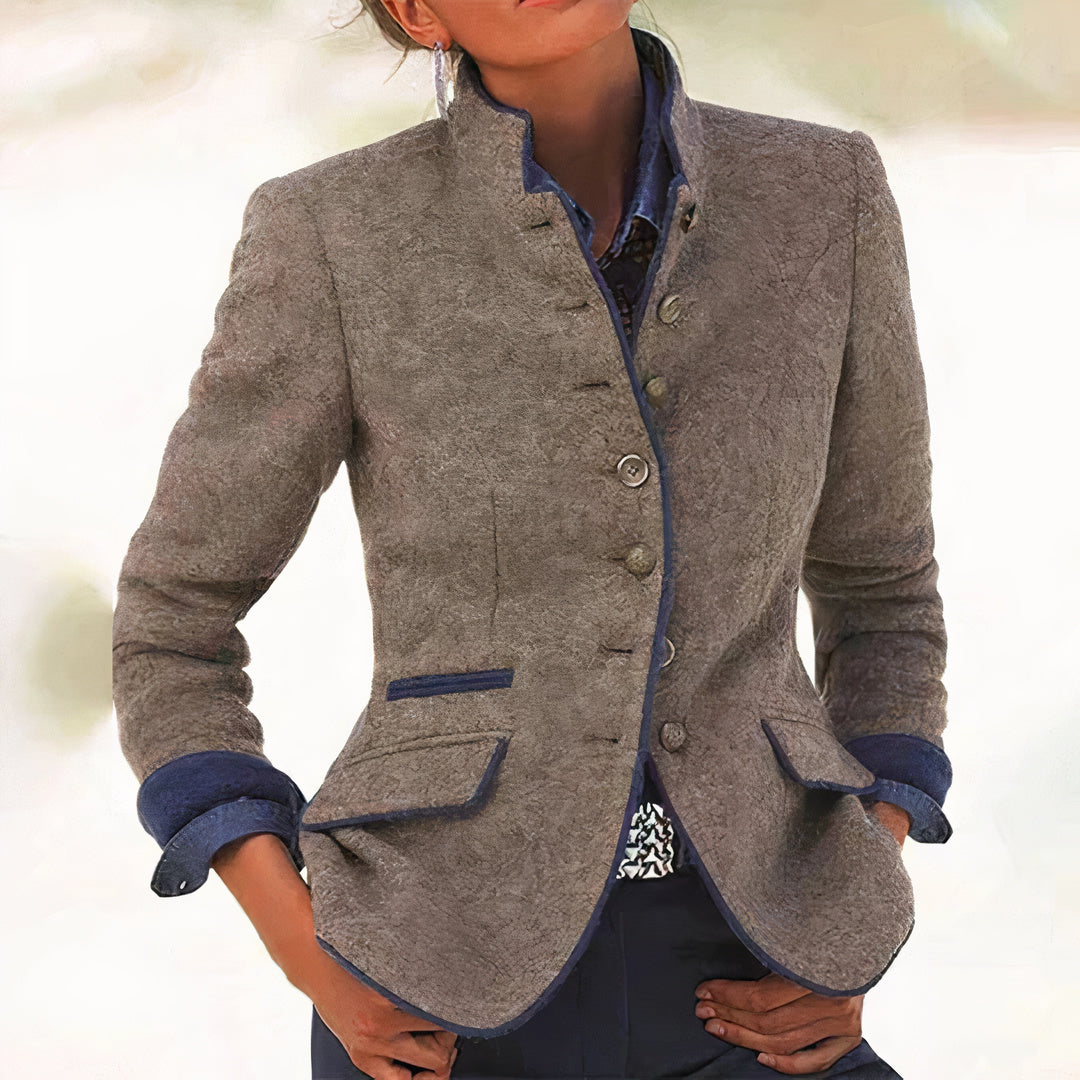 Women's brown textured blazer with mandarin collar, button front and flap pockets
