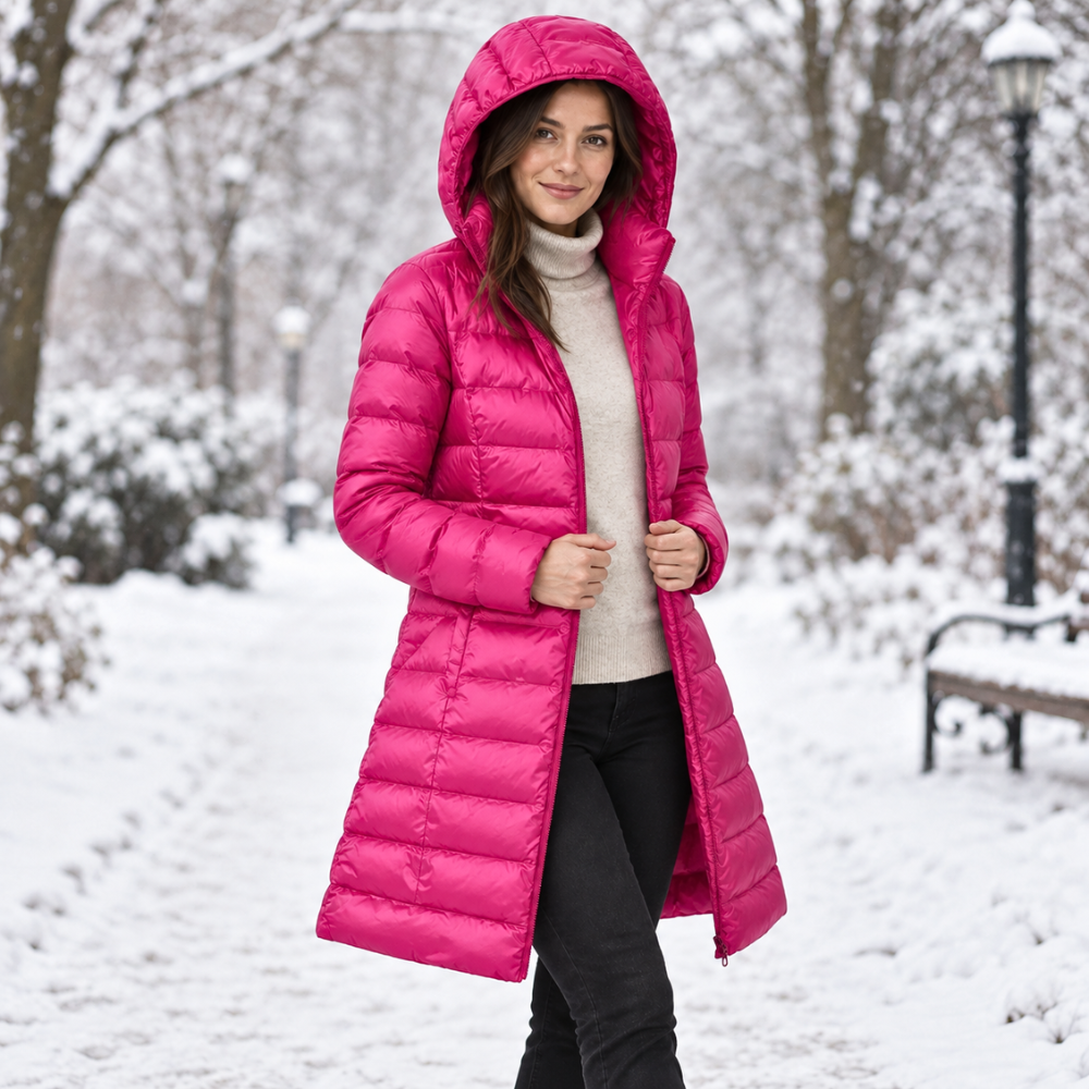 Women's longline quilted puffer coat with hood and zip front