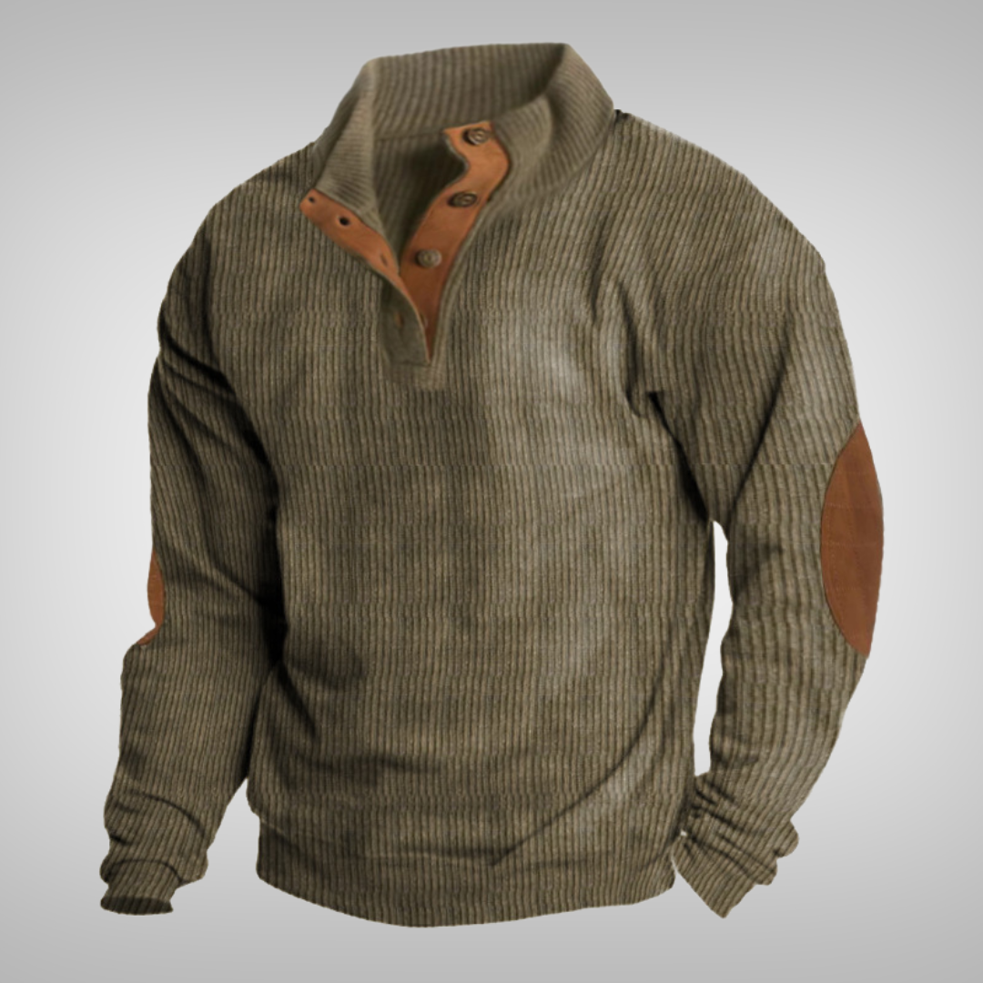 Men's ribbed jumper with stand collar, button neck and brown elbow patches