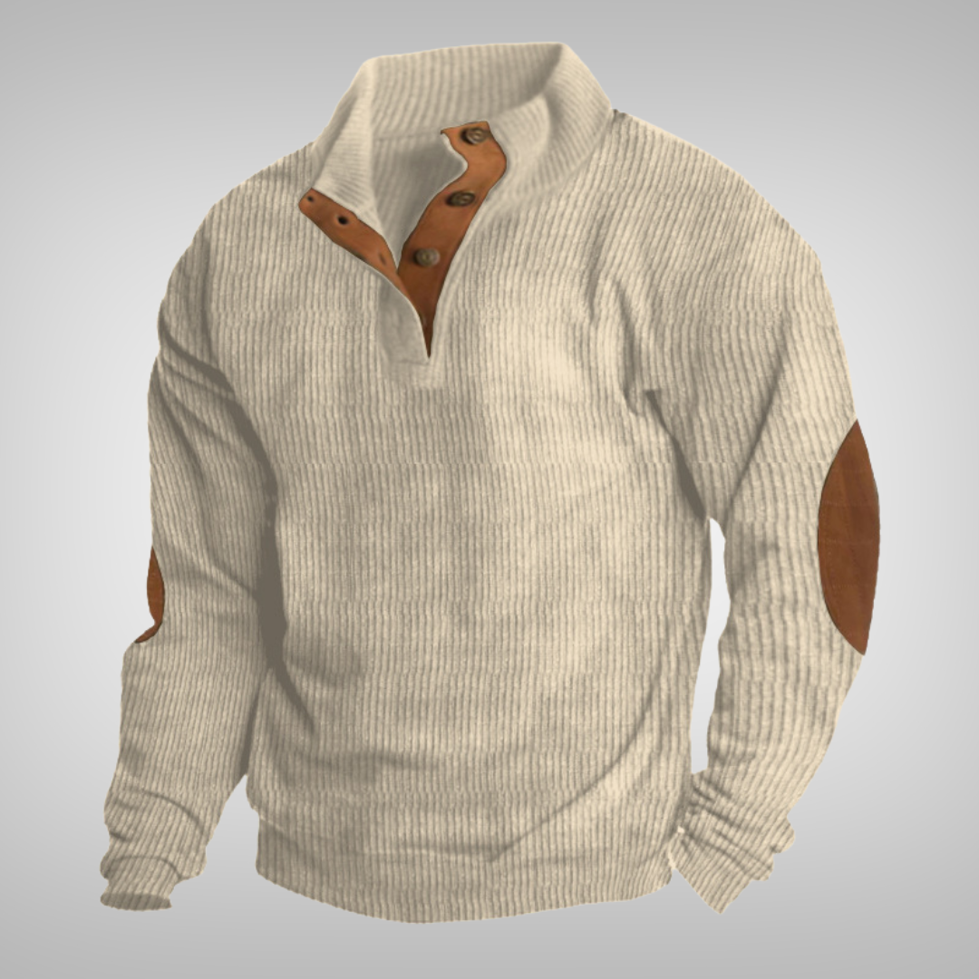 Men's ribbed jumper with stand collar, button neck and brown elbow patches