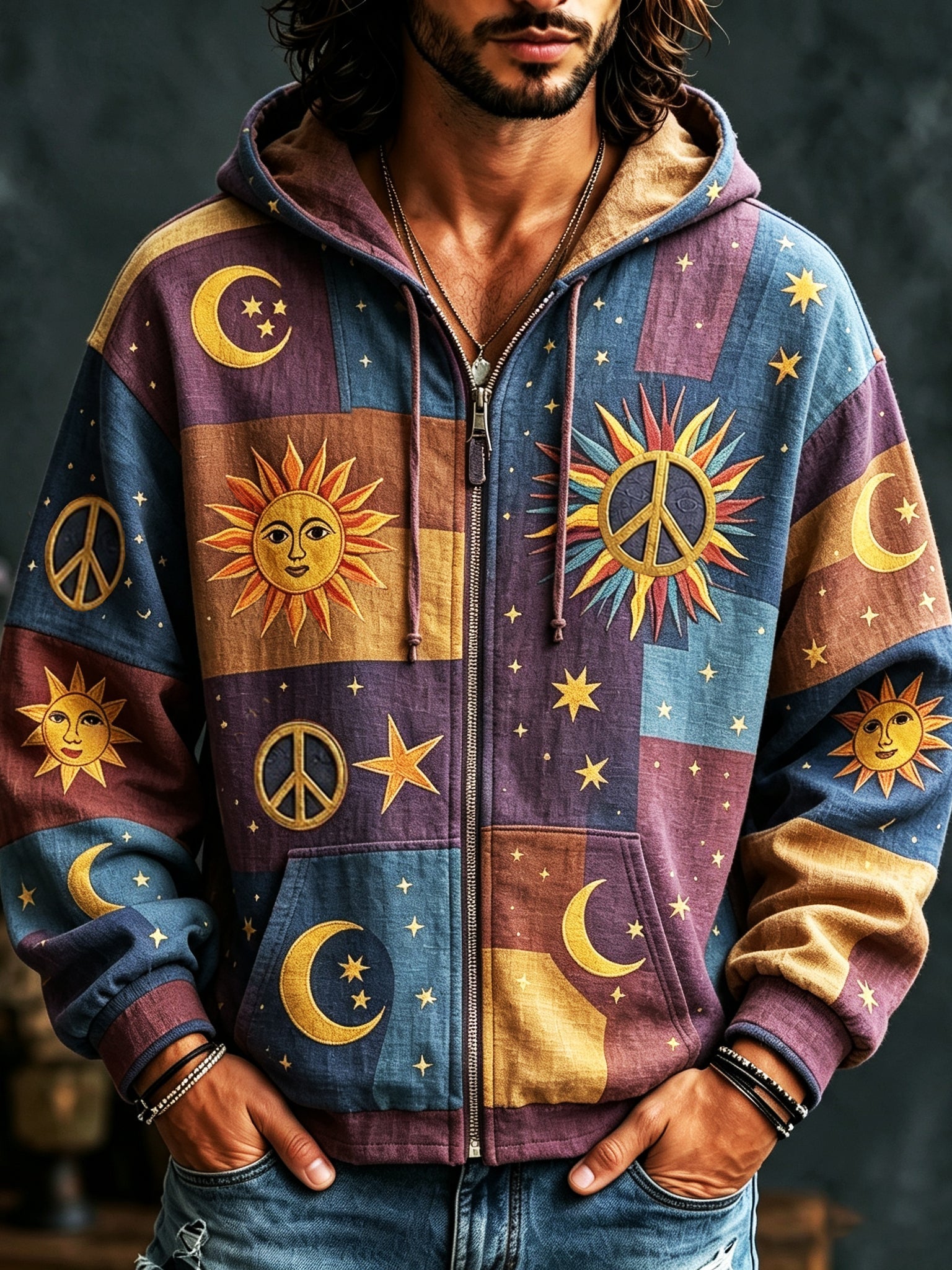 Men's multicoloured patchwork zip hoodie with sun, moon, star and peace motifs