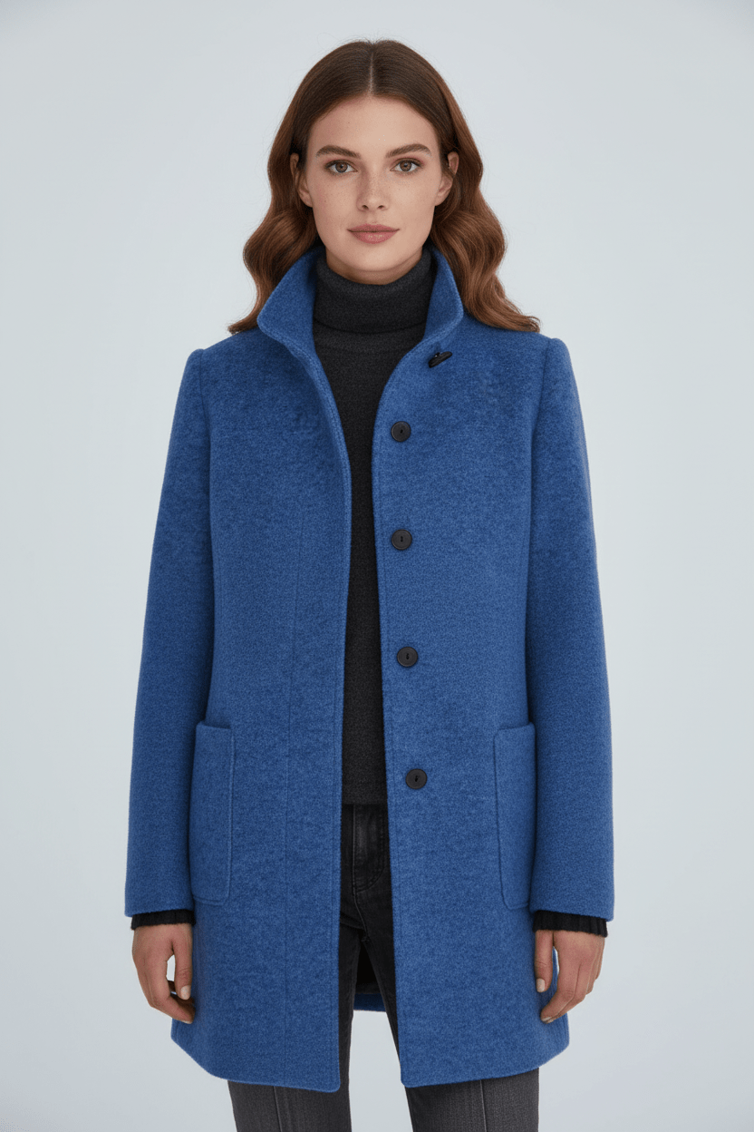 Women's tailored button-front overcoat with stand collar and patch pockets