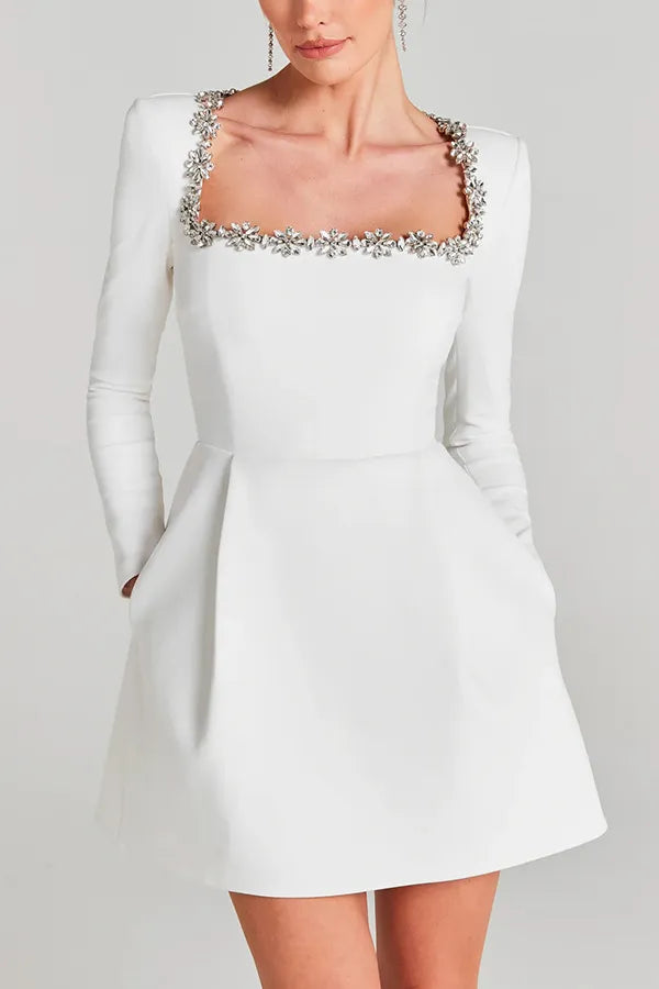 Women's Velvet Mini Dress Square Neck Crystal Trim - White