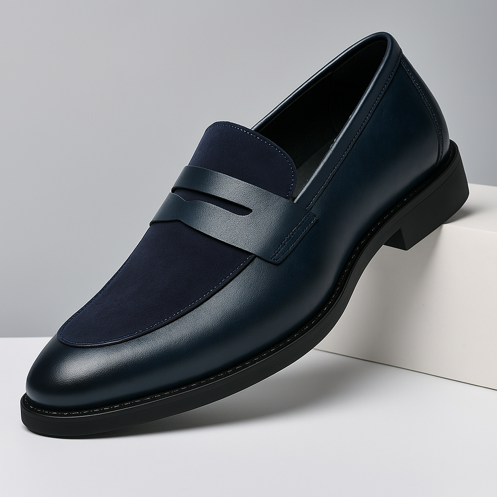 Men's penny loafer with rounded toe, vamp strap and low heel