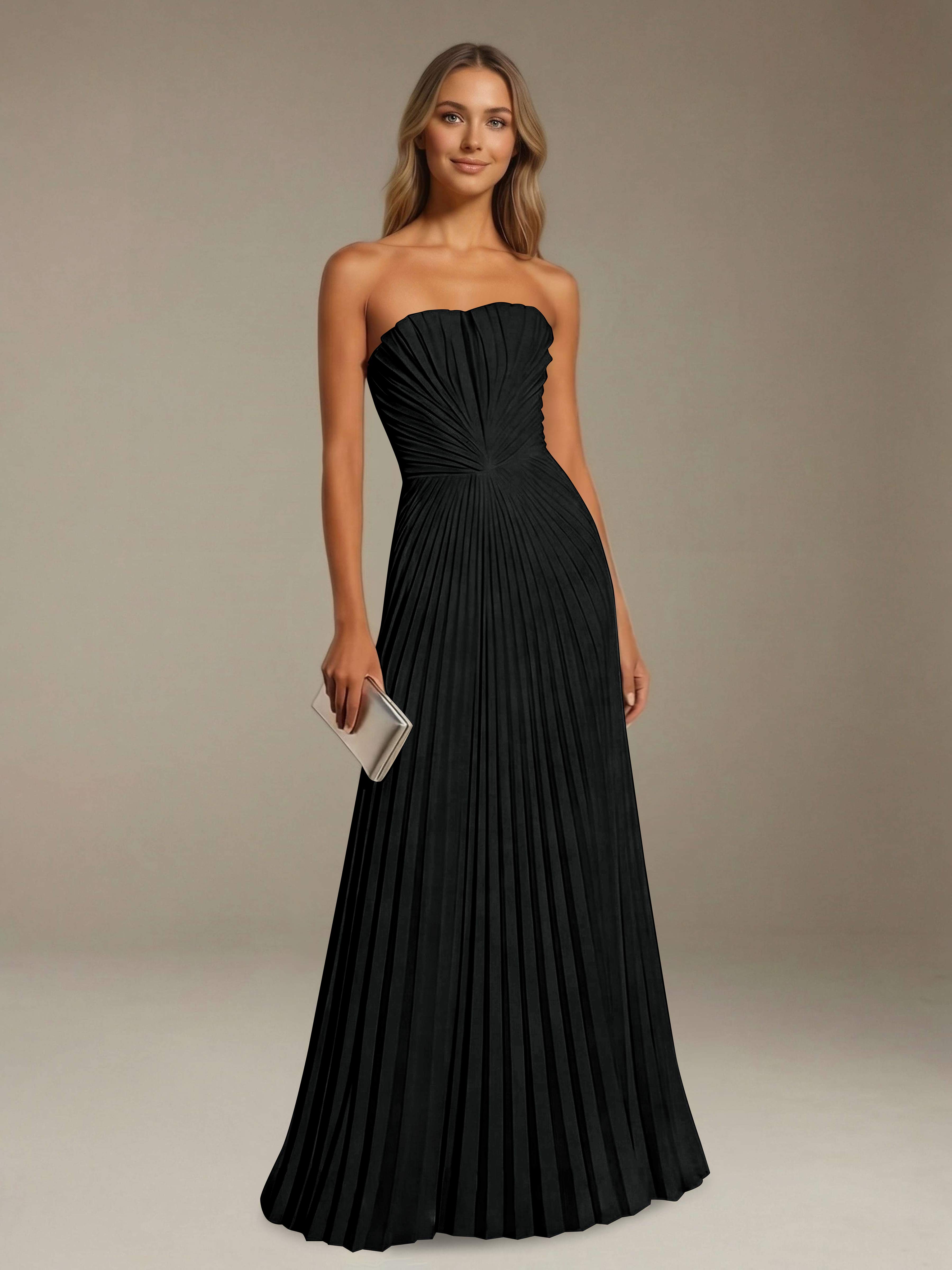 Women’s Pleated Strapless A-Line Maxi Dress | Lace-Up Back Occasion Gown