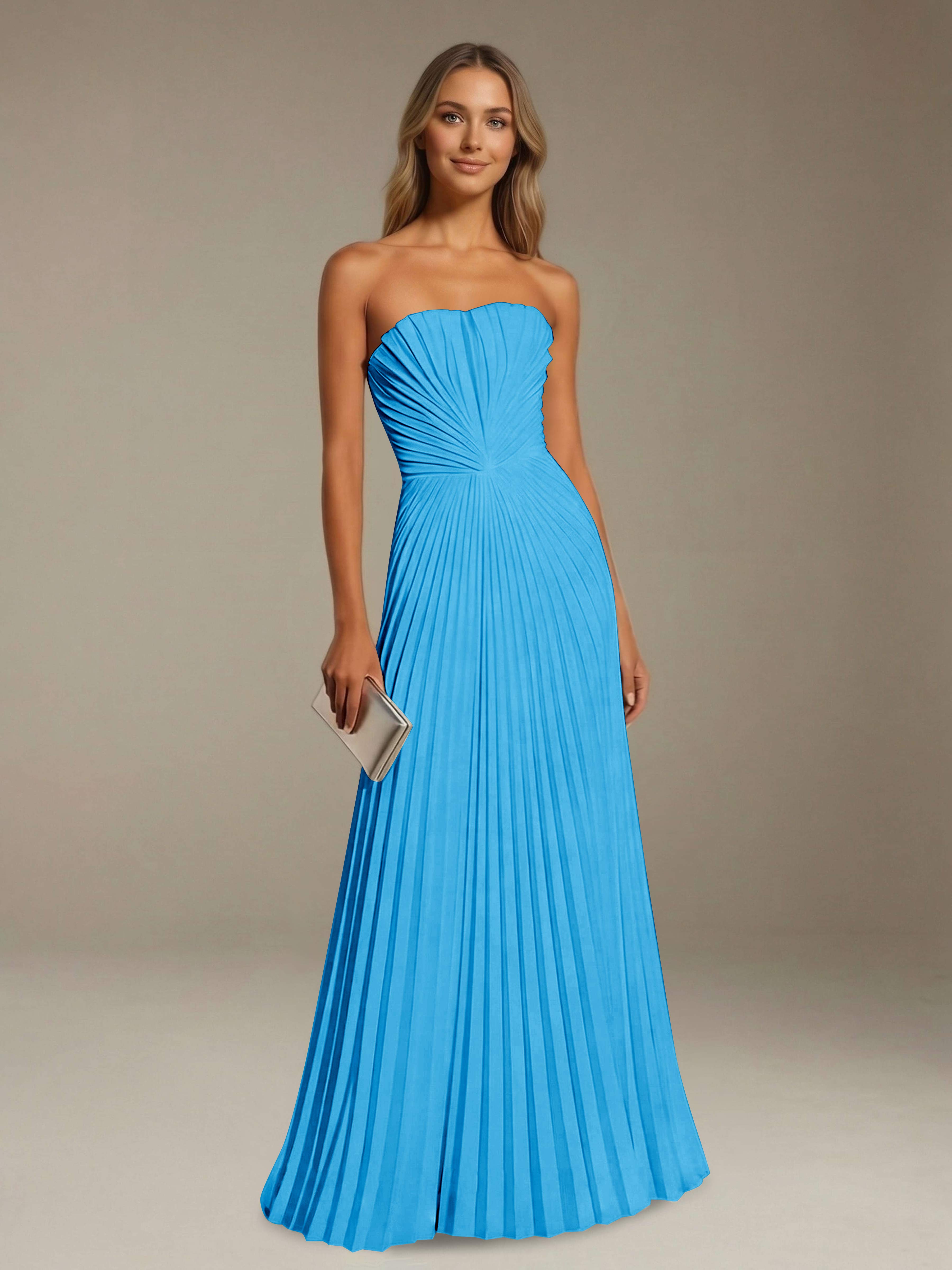 Women’s Pleated Strapless A-Line Maxi Dress | Lace-Up Back Occasion Gown