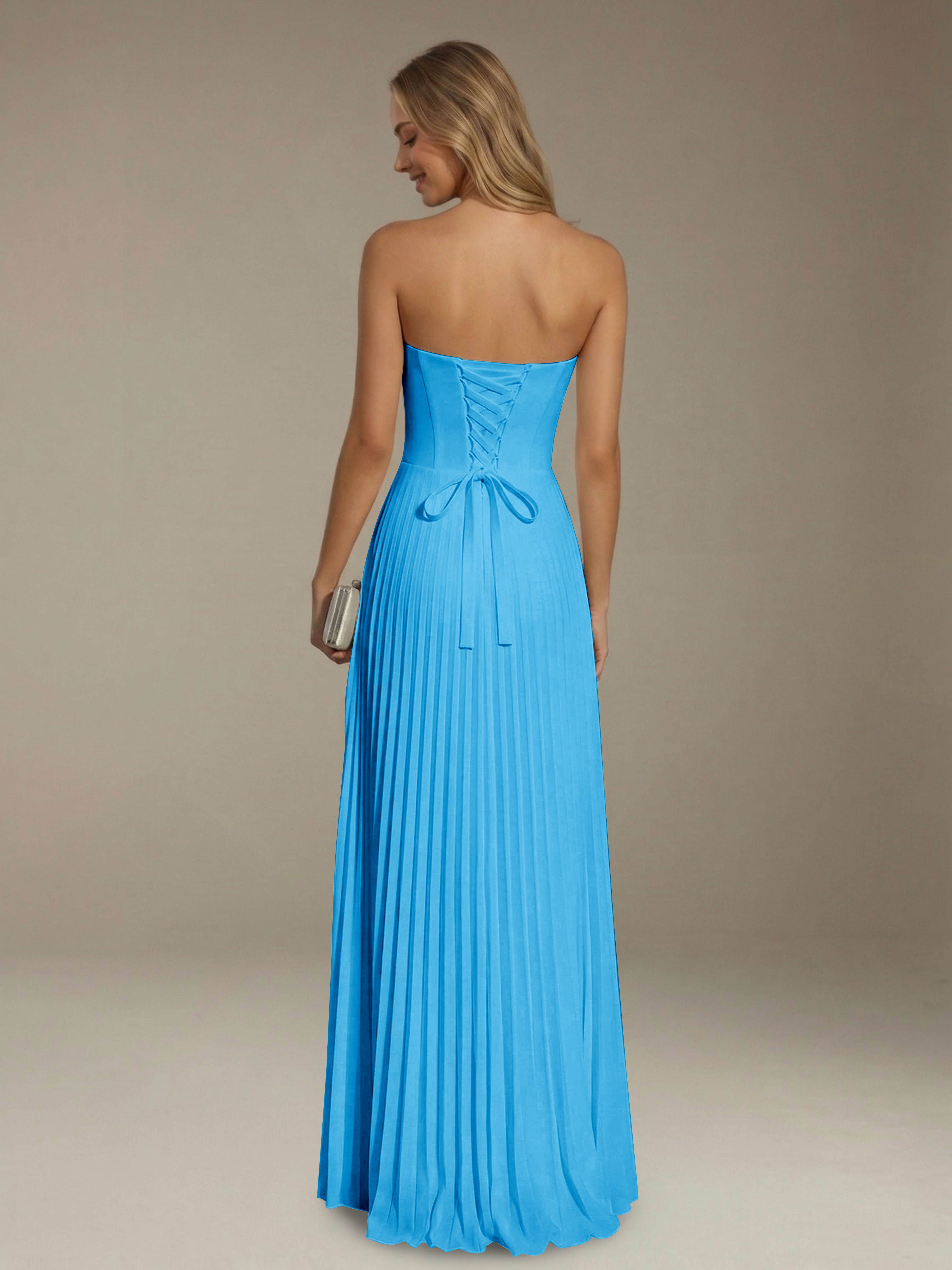 Women’s Pleated Strapless A-Line Maxi Dress | Lace-Up Back Occasion Gown