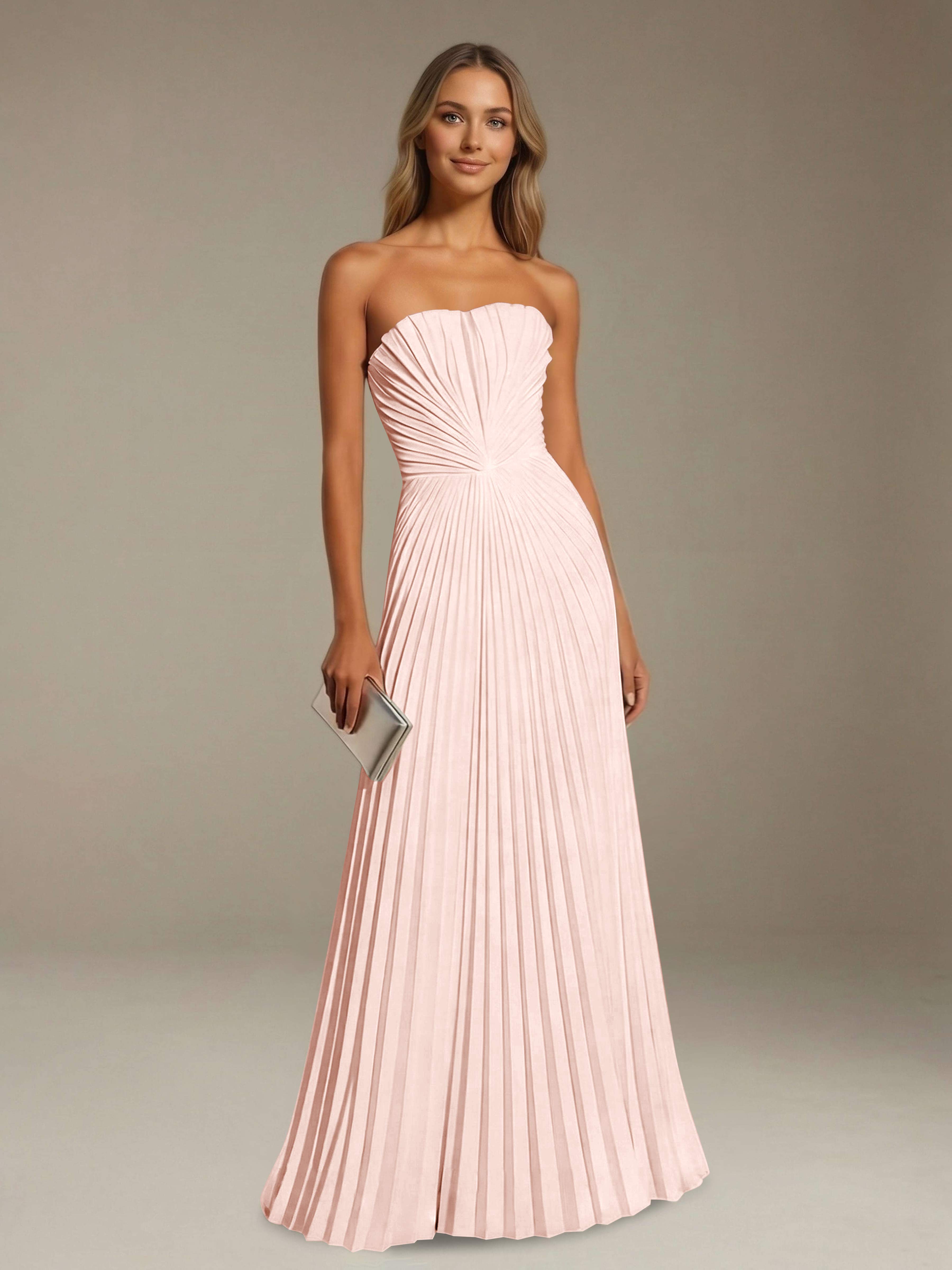 Women’s Pleated Strapless A-Line Maxi Dress | Lace-Up Back Occasion Gown