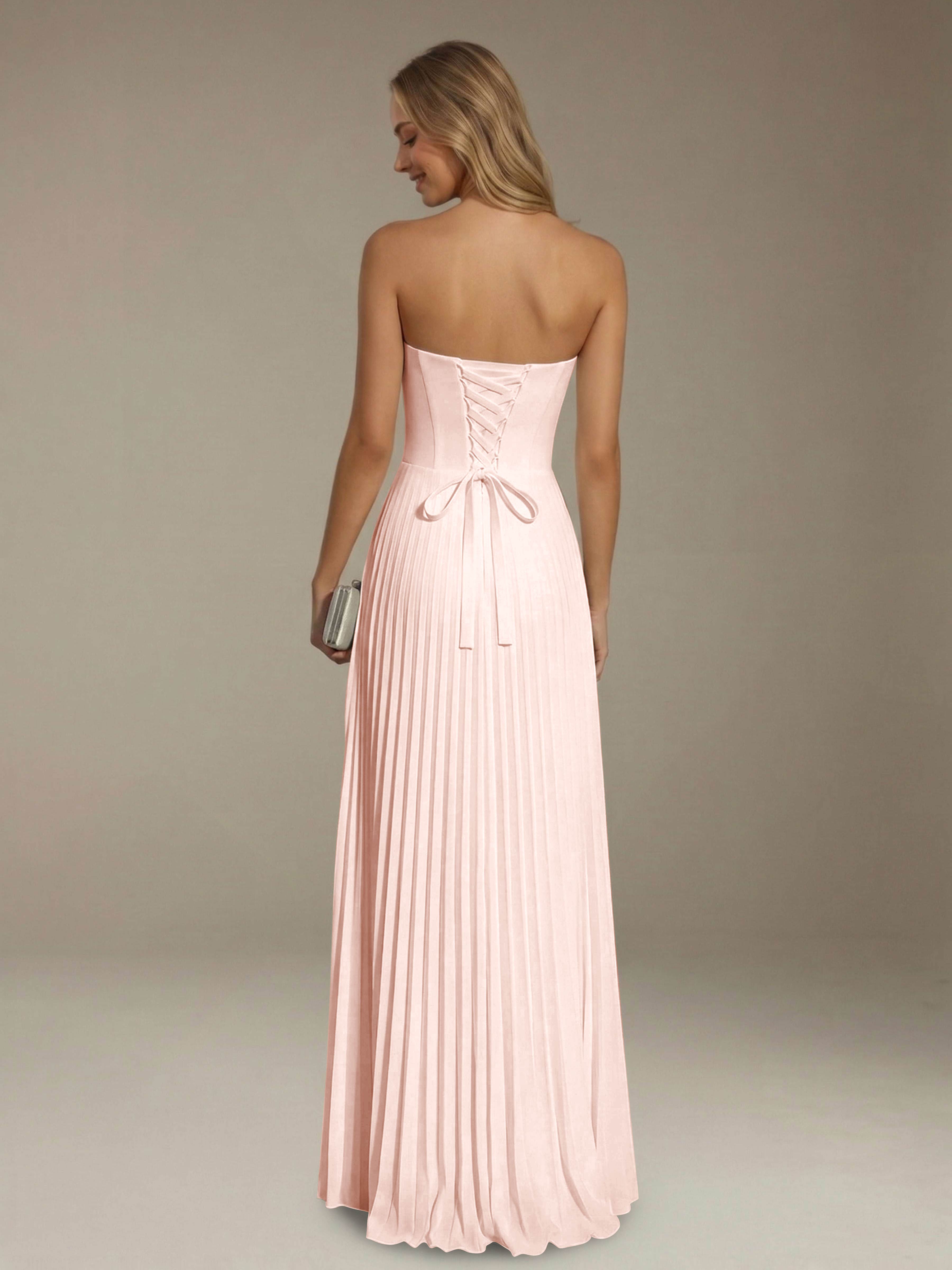Women’s Pleated Strapless A-Line Maxi Dress | Lace-Up Back Occasion Gown