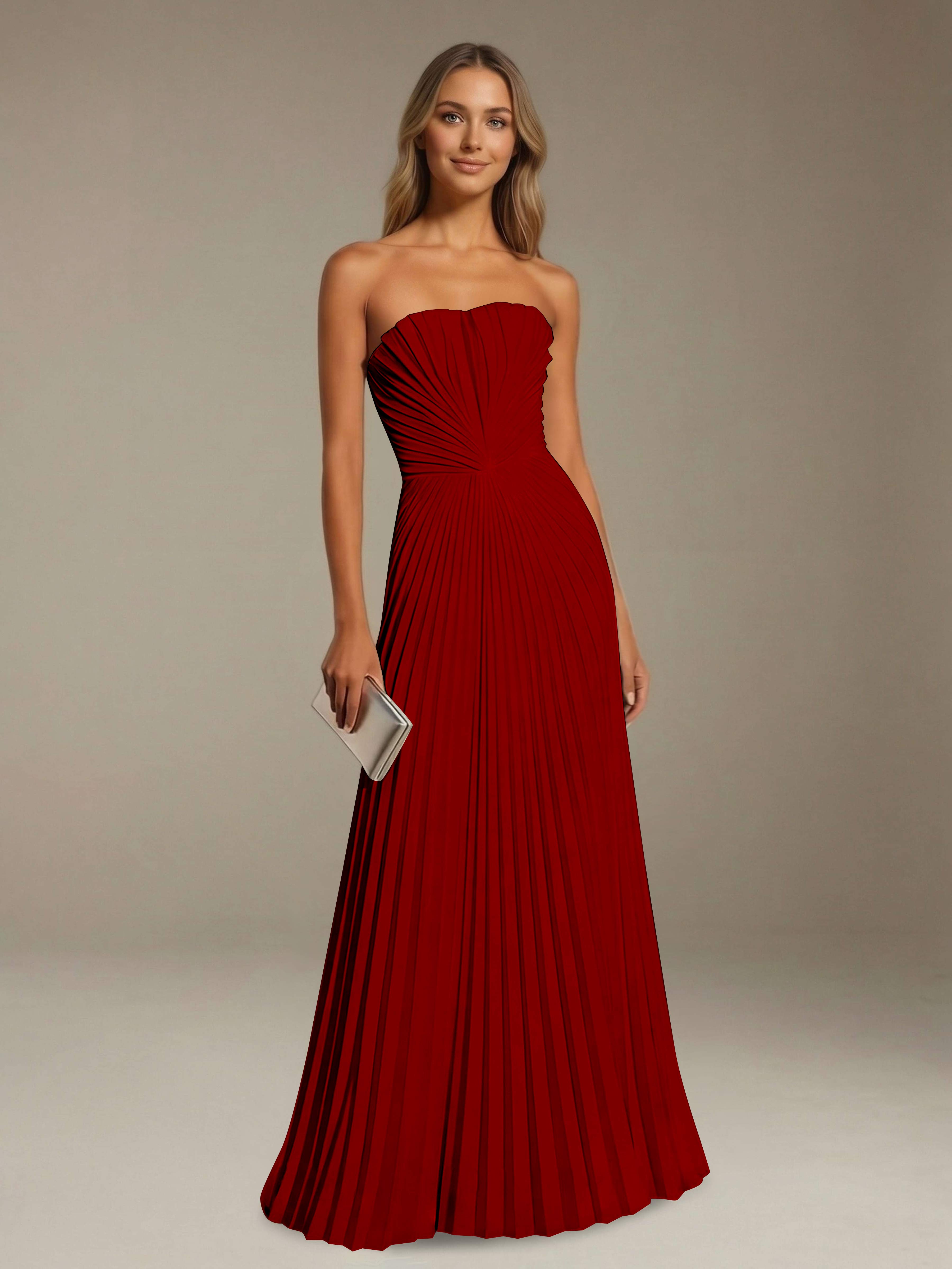 Women’s Pleated Strapless A-Line Maxi Dress | Lace-Up Back Occasion Gown