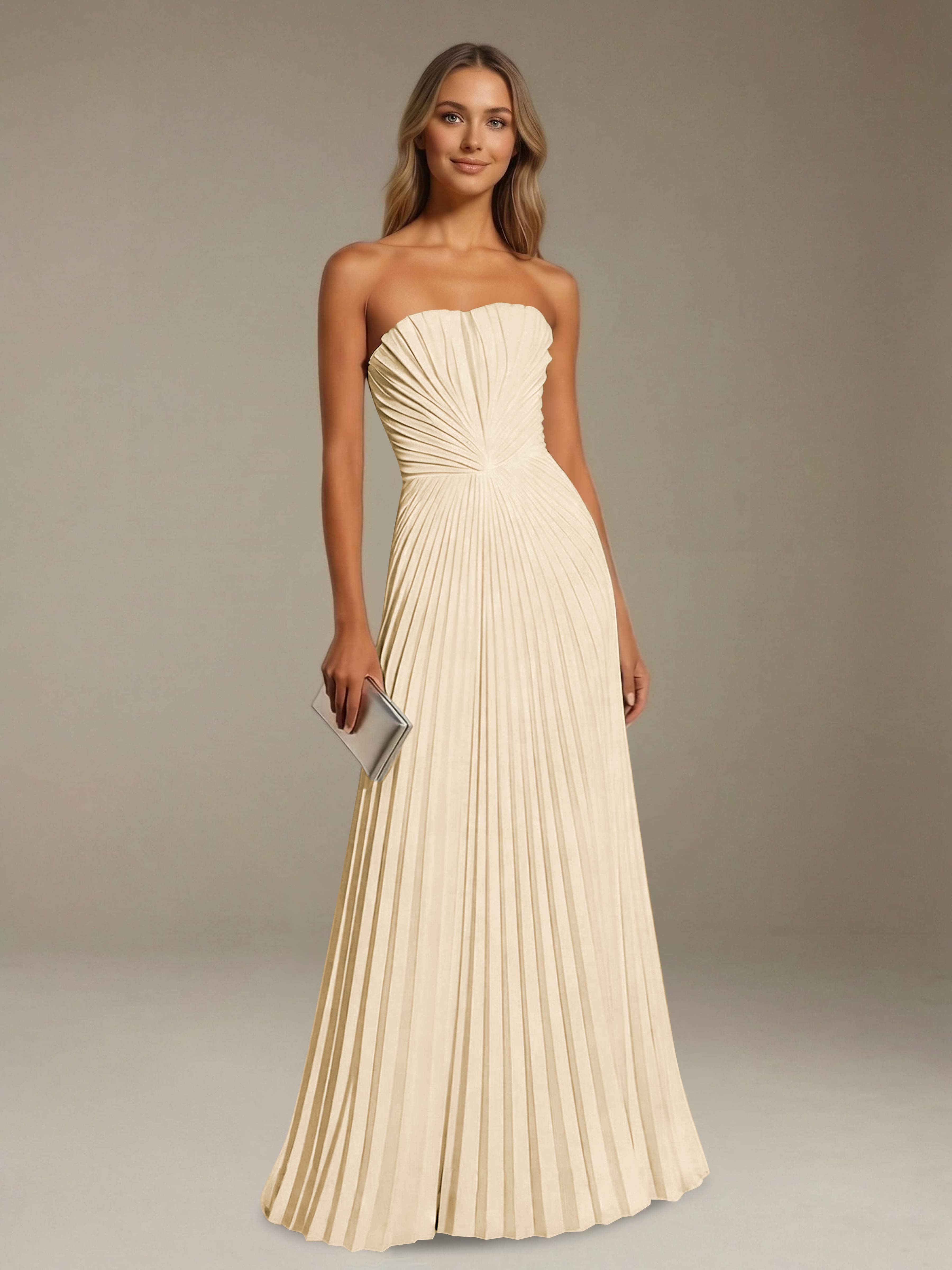 Women’s Pleated Strapless A-Line Maxi Dress | Lace-Up Back Occasion Gown