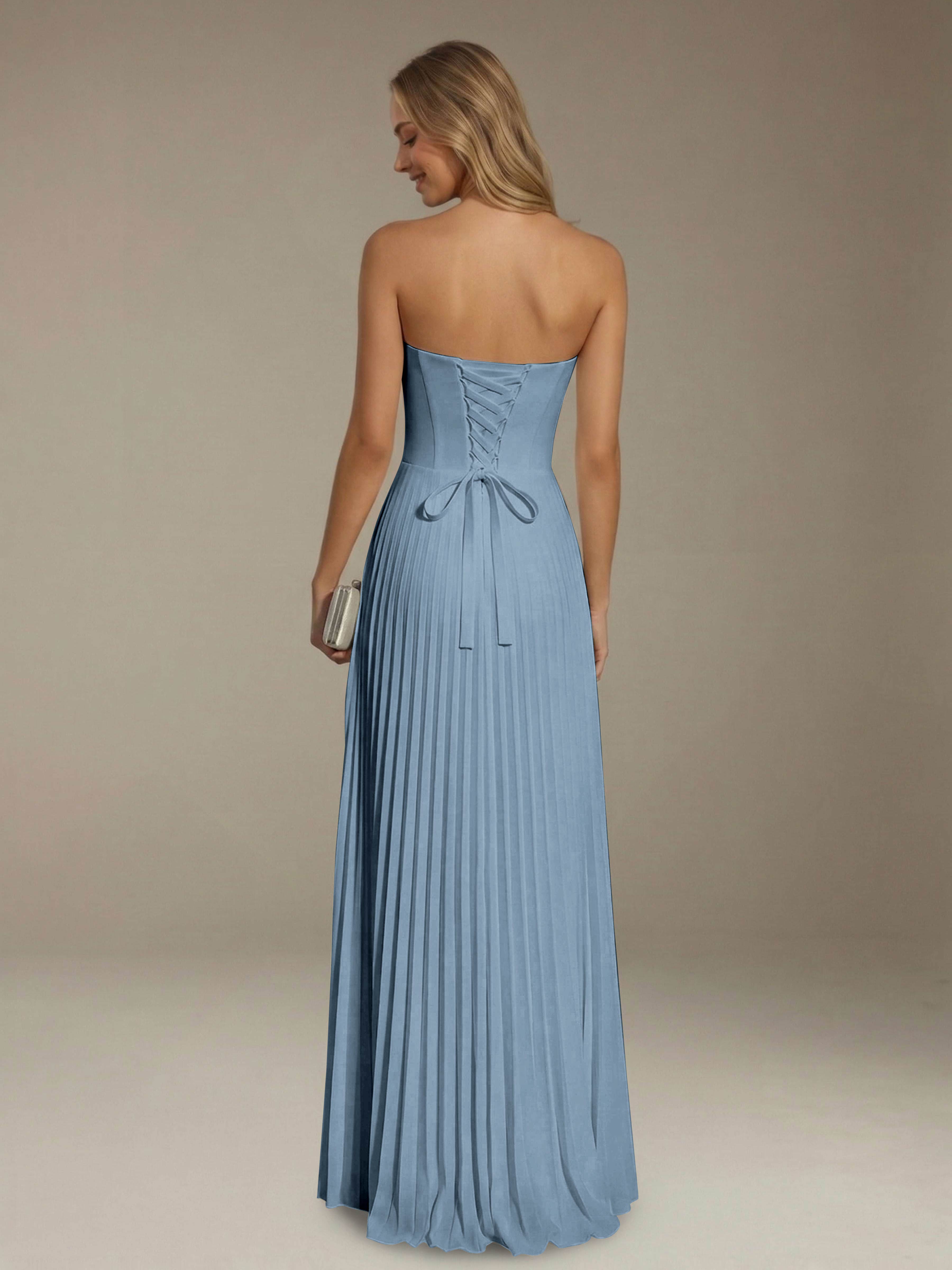 Women’s Pleated Strapless A-Line Maxi Dress | Lace-Up Back Occasion Gown