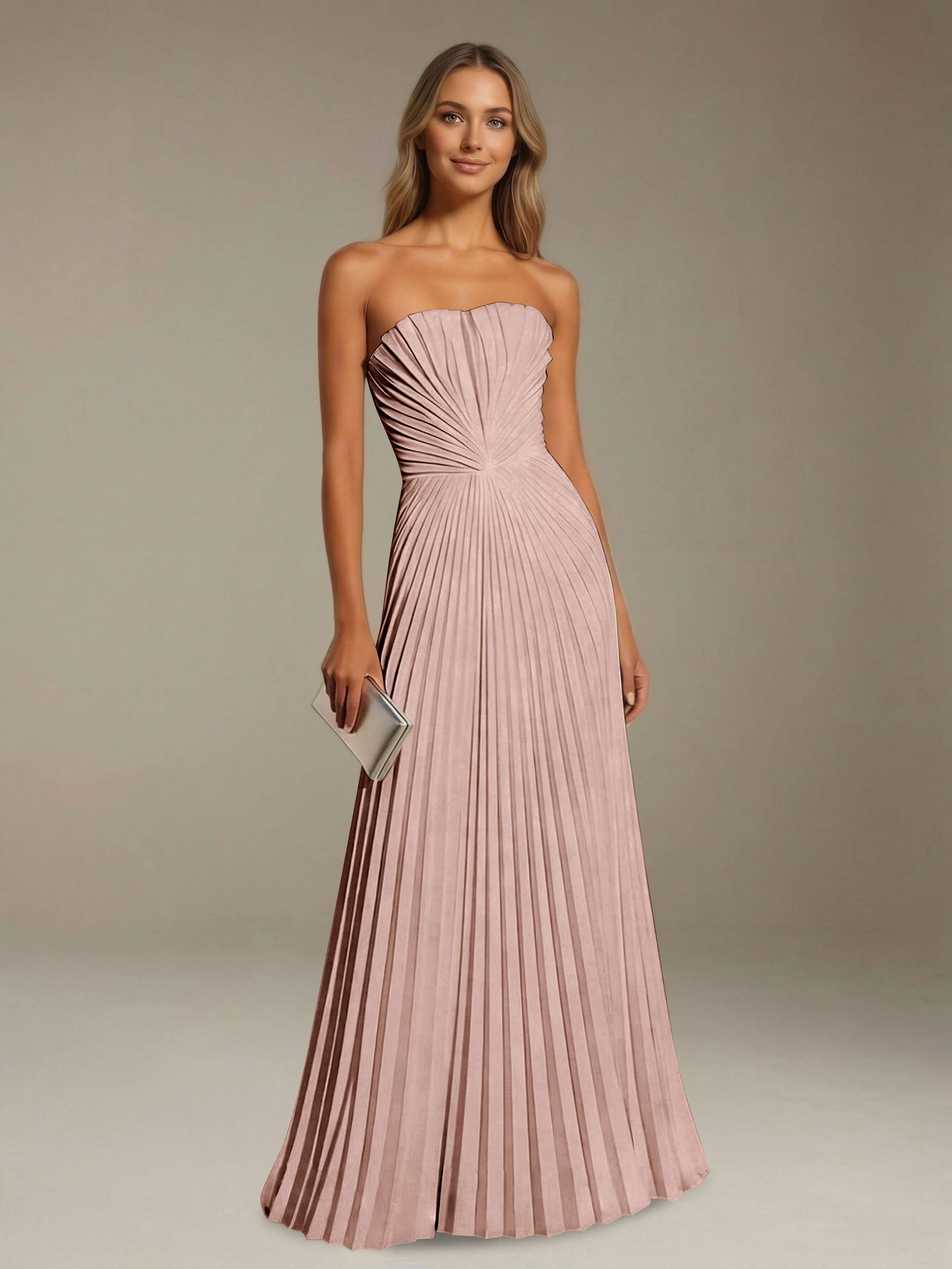 Women’s Pleated Strapless A-Line Maxi Dress | Lace-Up Back Occasion Gown
