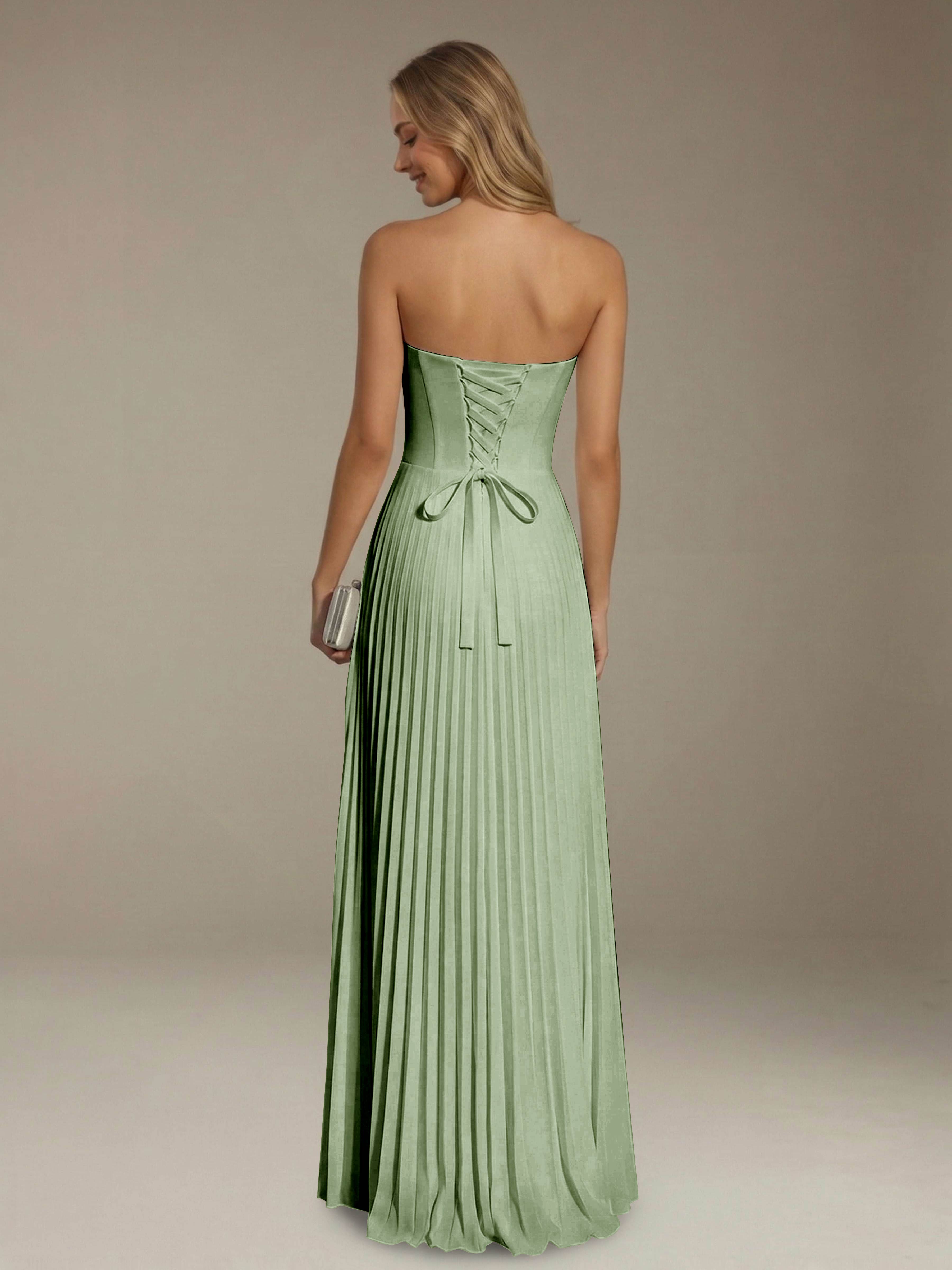 Women’s Pleated Strapless A-Line Maxi Dress | Lace-Up Back Occasion Gown