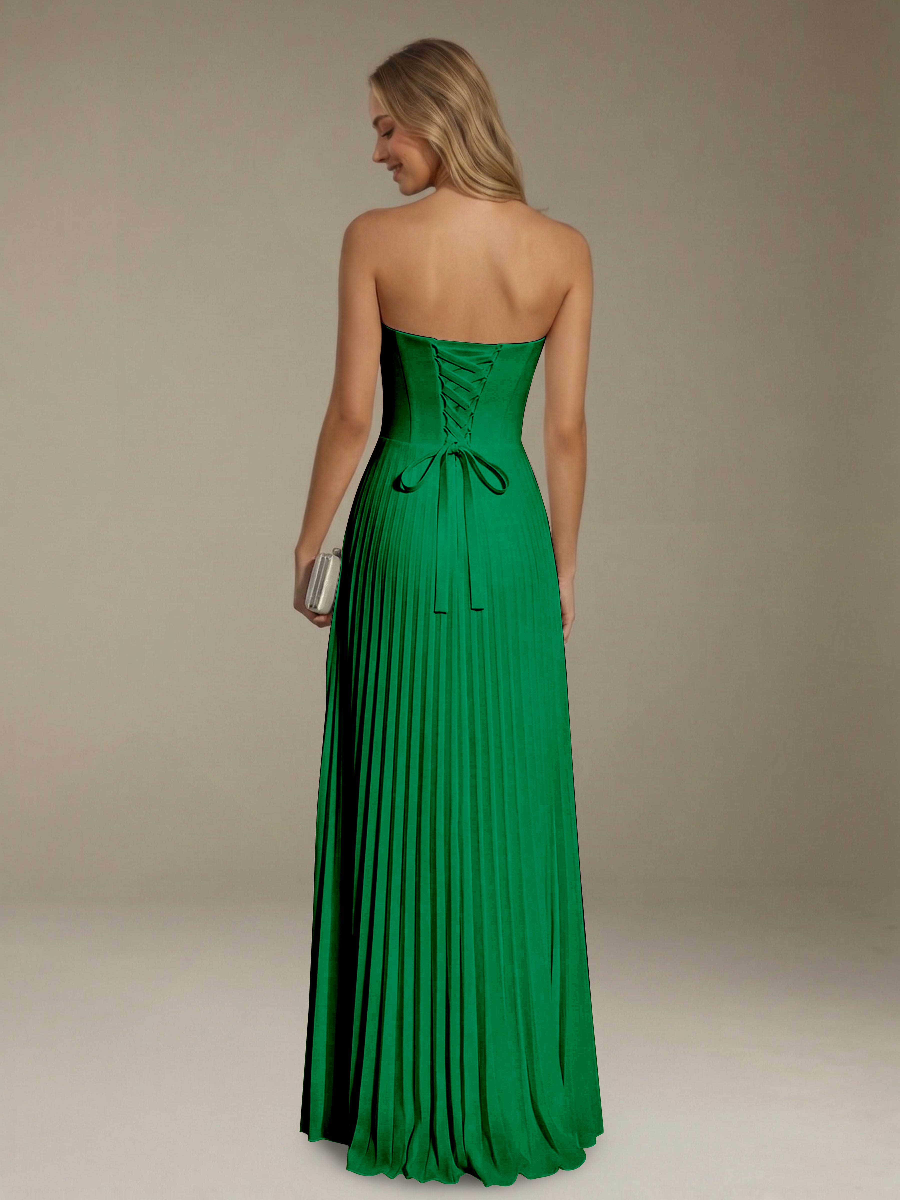 Women’s Pleated Strapless A-Line Maxi Dress | Lace-Up Back Occasion Gown