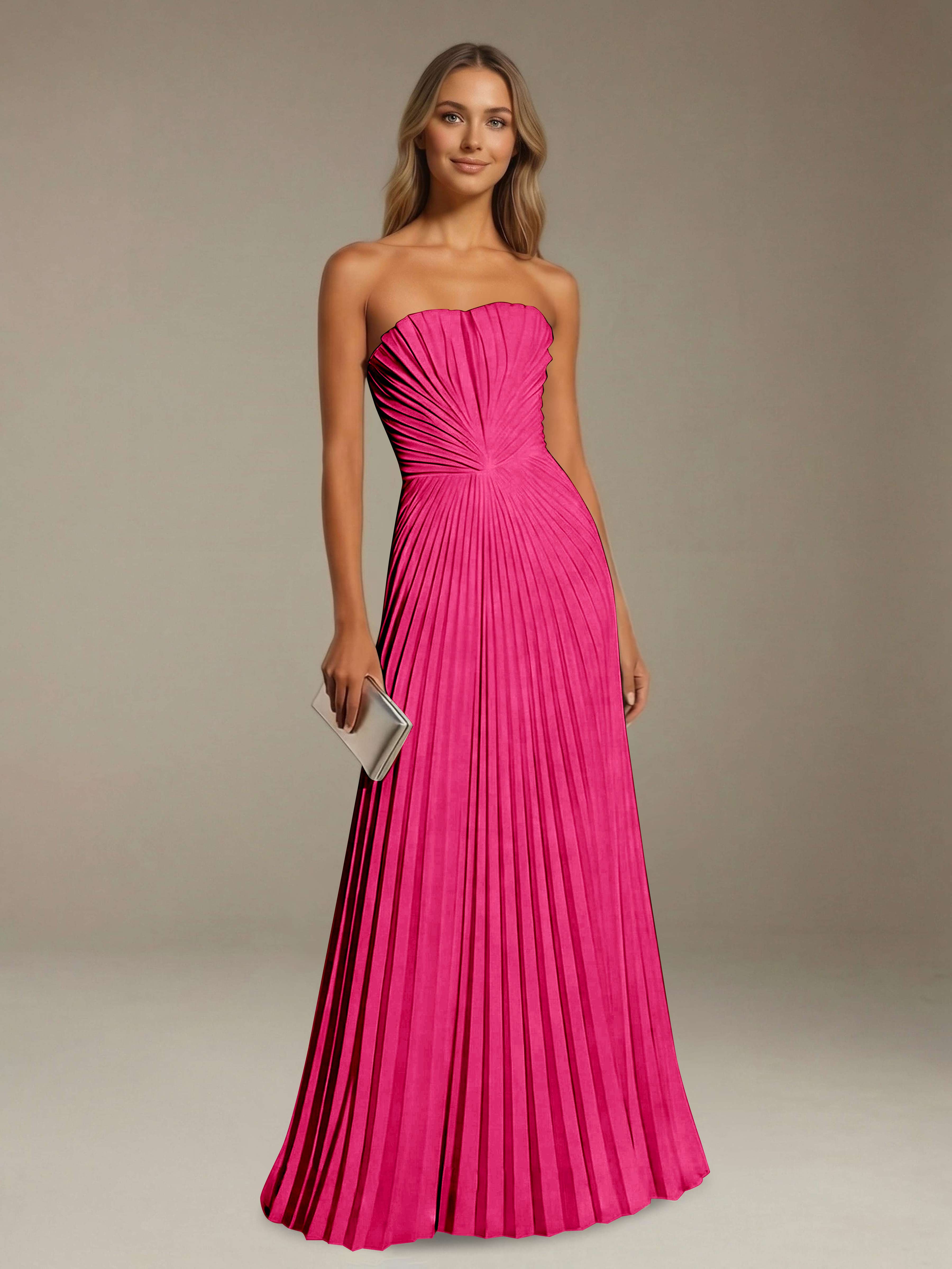 Women’s Pleated Strapless A-Line Maxi Dress | Lace-Up Back Occasion Gown