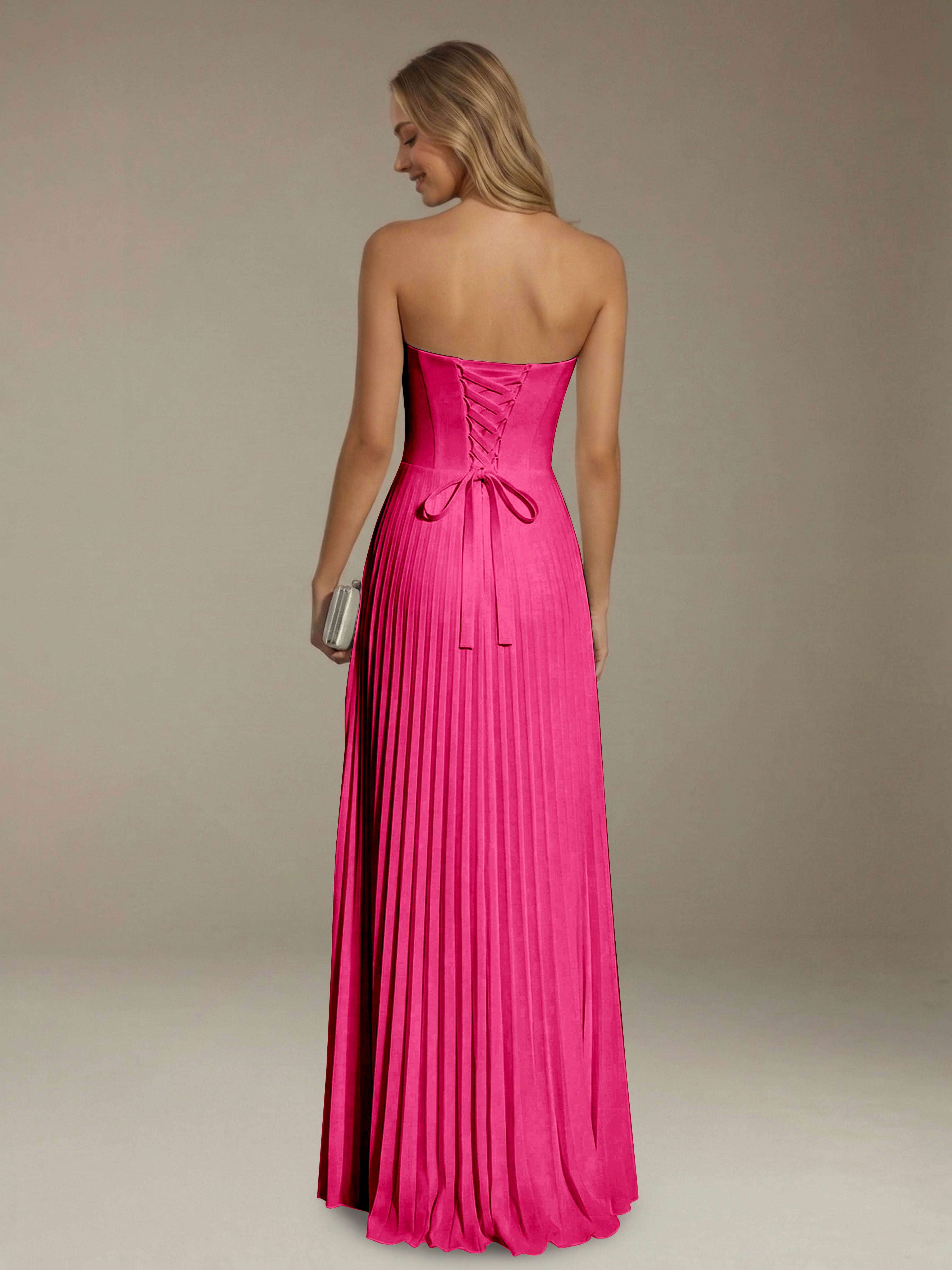 Women’s Pleated Strapless A-Line Maxi Dress | Lace-Up Back Occasion Gown