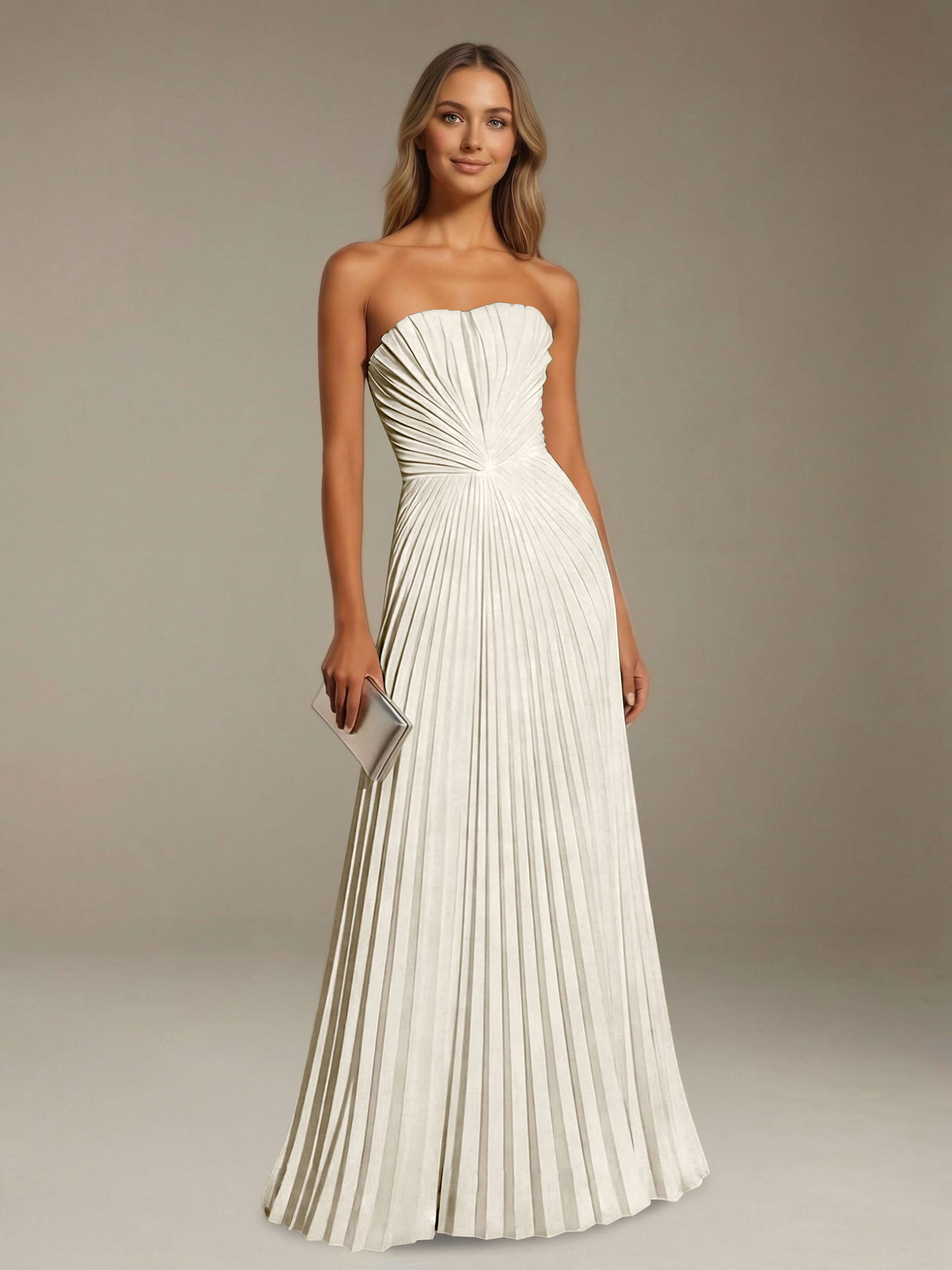 Women’s Pleated Strapless A-Line Maxi Dress | Lace-Up Back Occasion Gown