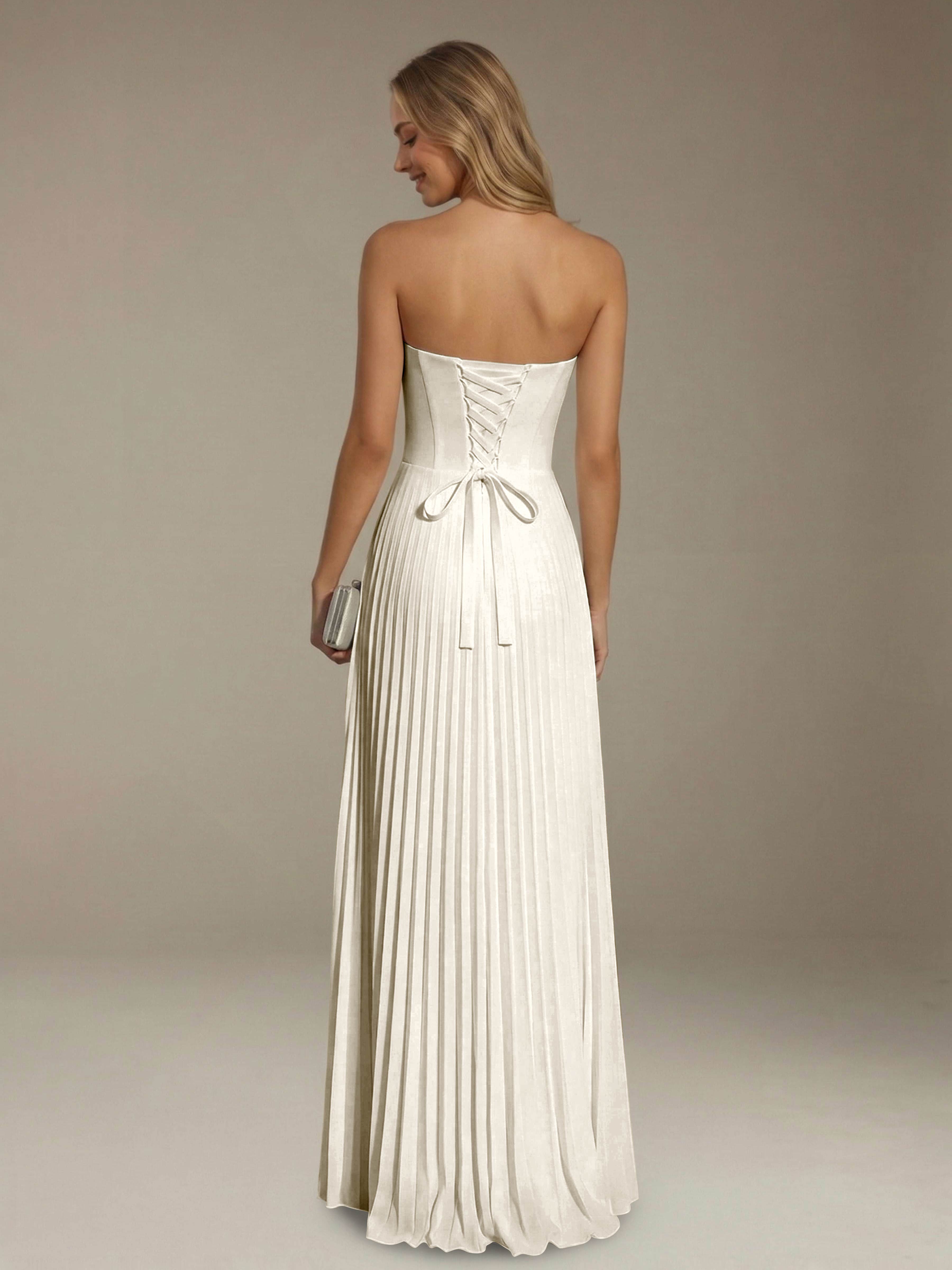 Women’s Pleated Strapless A-Line Maxi Dress | Lace-Up Back Occasion Gown