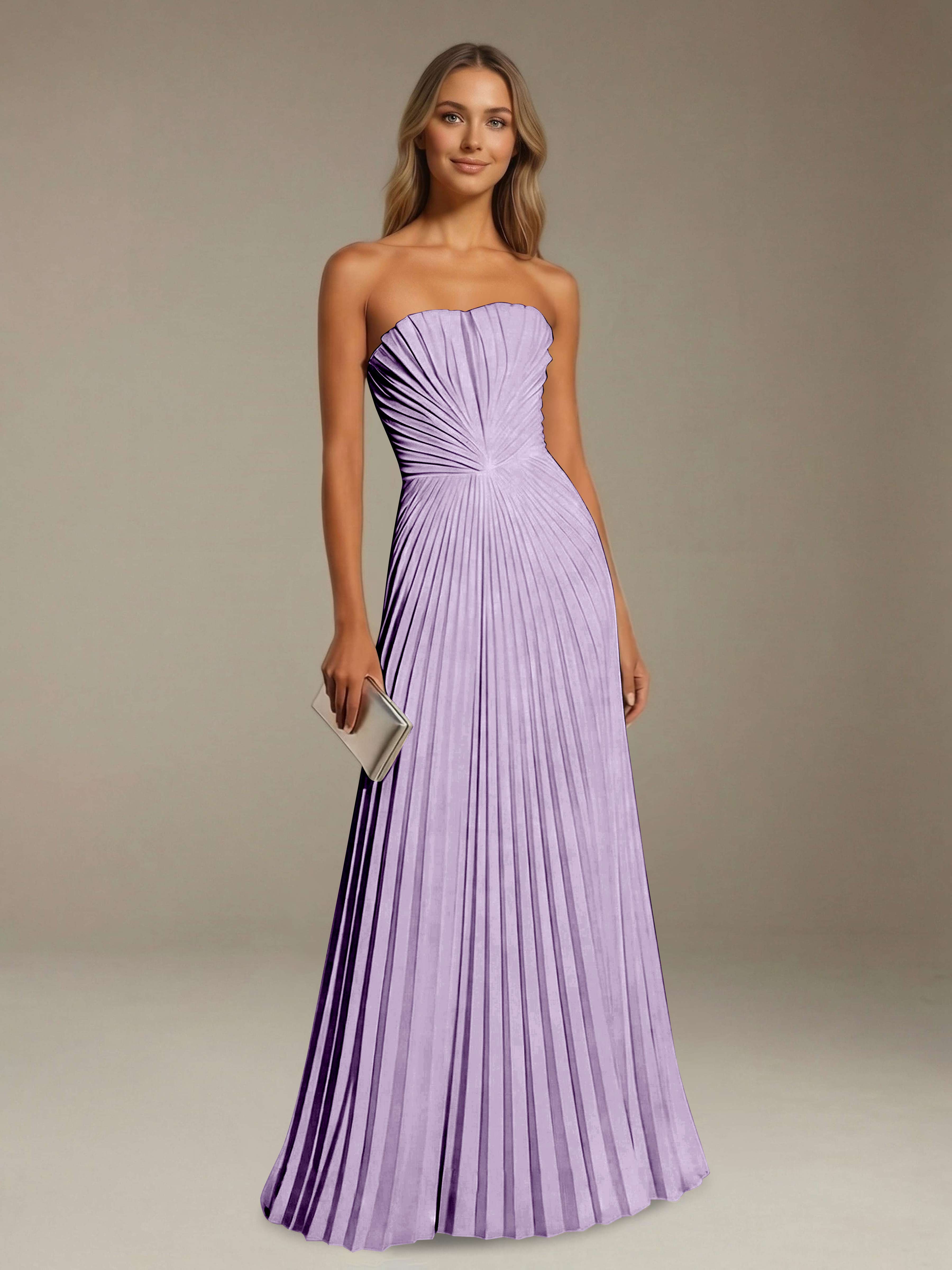 Women’s Pleated Strapless A-Line Maxi Dress | Lace-Up Back Occasion Gown